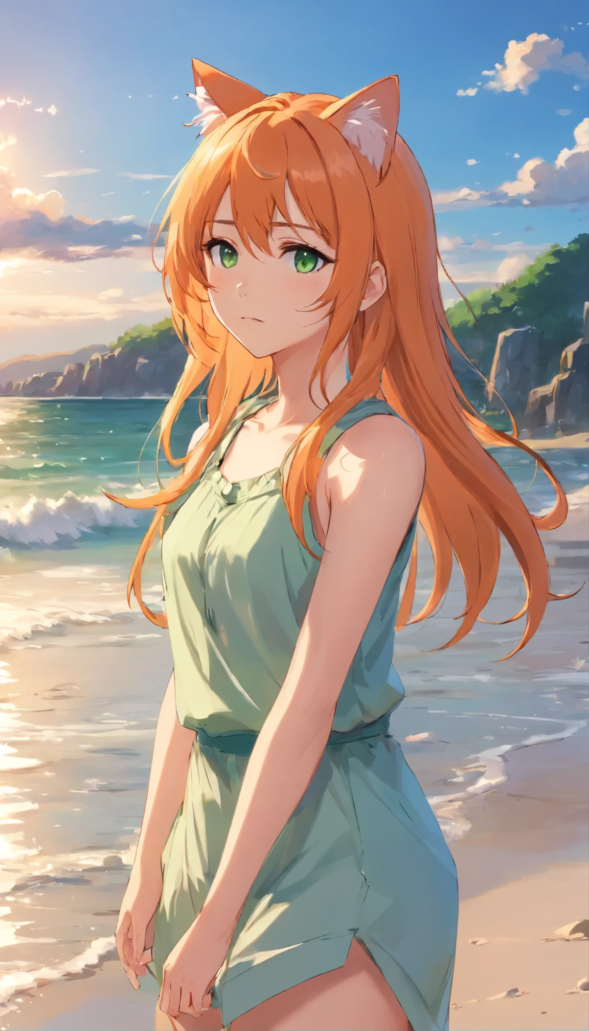 Anime girl with long orange hair, standing on the beach near the ocean, green eyes detailed digital anime art, cat ear, anime girl with long hair, гладкое аниме cg art, anime girl with long hair, digital anime art, work in Guweiz style, Beautiful anime portrait, Photorealistic render of an anime girl, Beautiful anime girl, advanced digital anime art, guweiz на artstation pixiv HD UHD HQ