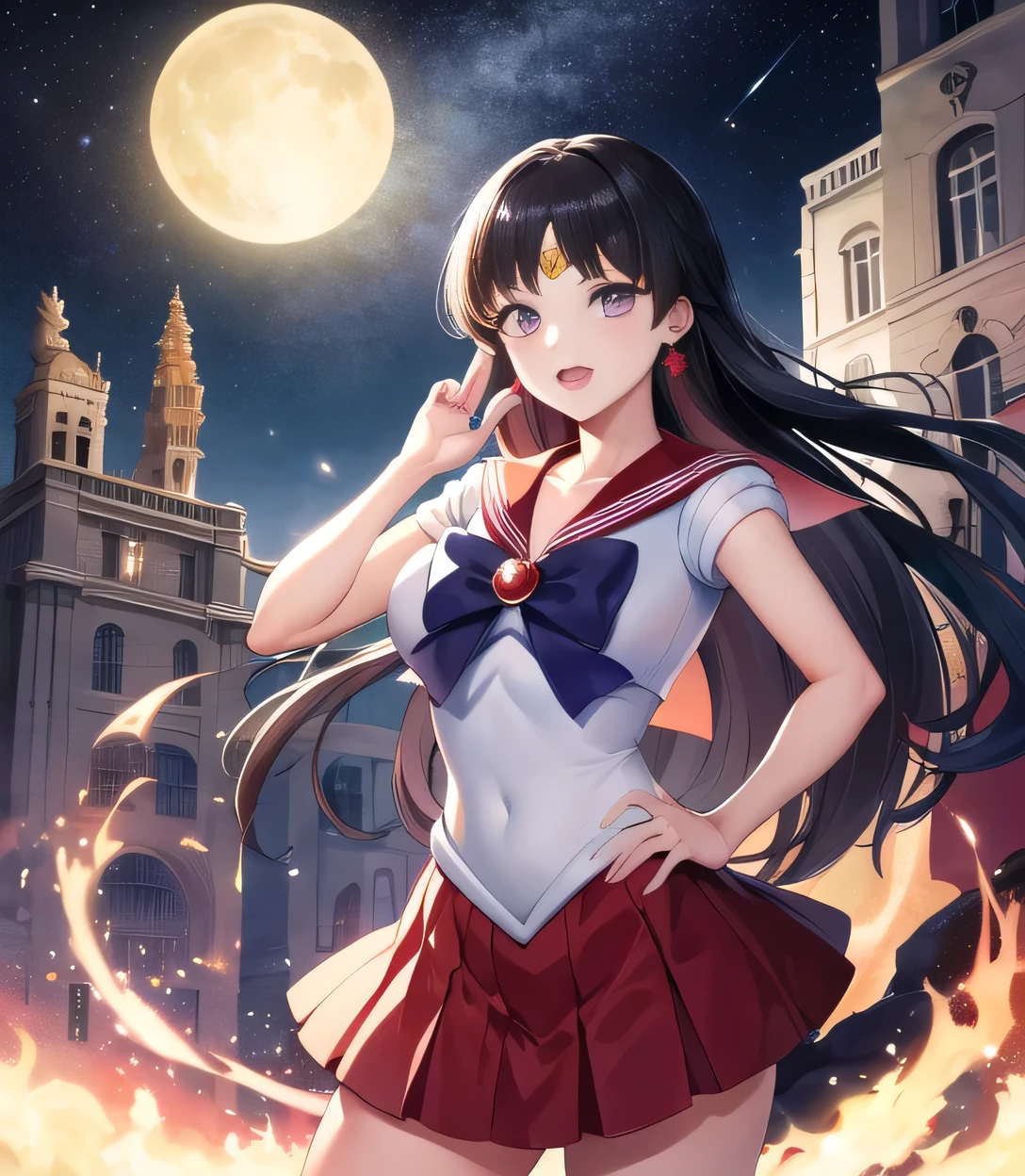 obra de arte, melhor qualidade, high resolution, sama1, tiara, Uniforme Sailor Senshi, luvas brancas, Colar de marinheiro vermelho, saia vermelha, gargantilha estrela, luvas de cotovelo, saia plissada, pernas nuas, arco roxo, Magia, fogo, lua, standing city, tiro de vaqueiro, fogo_particles