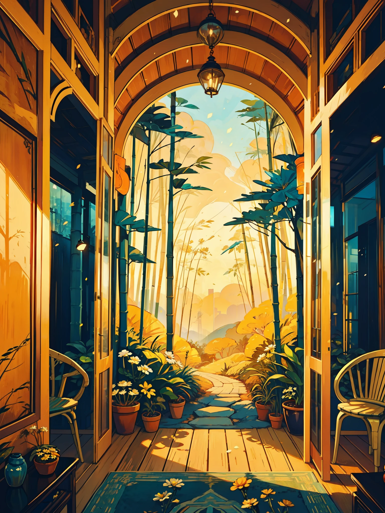 wide view, blue boho apartment, white chick carpet, Jungle, day light, cloudy sky, pine trees, calm, silence, tropical plant pots, covered with daisy flowers, yellow woodwork, aesthetics, peaceful, bamboo furniture, movie scene, aesthetics, beautiful tones, scenery, beautiful ambience, 8k, volumetric light, peaceful scene, light shining on part of foliage, micro landscape, intrinsic details