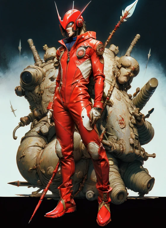 perfect proportions, anatomically correct, (head to toe: 2.0), (full body image: 2.0), solo, (Casshern: 1.6), extremely stylized, deviant art, masterpiece, highly detailed, detailed eyes, expressive detailed eyes, detailed pupils, futuristic, ((1950s scifi helmet)), ((pointy helmet)), Rubber Gloss, (red flightsuit:1.4), white boots, entire body image, full body shot, nvinkpunk, professional photograph of alexander_skarsgard, tassles, large beads, large tassels, navy blue and white, cyberpunk, inkpunk, paint platter, ink splatter, (action pose:1.0), ((holding a two pronged spear))