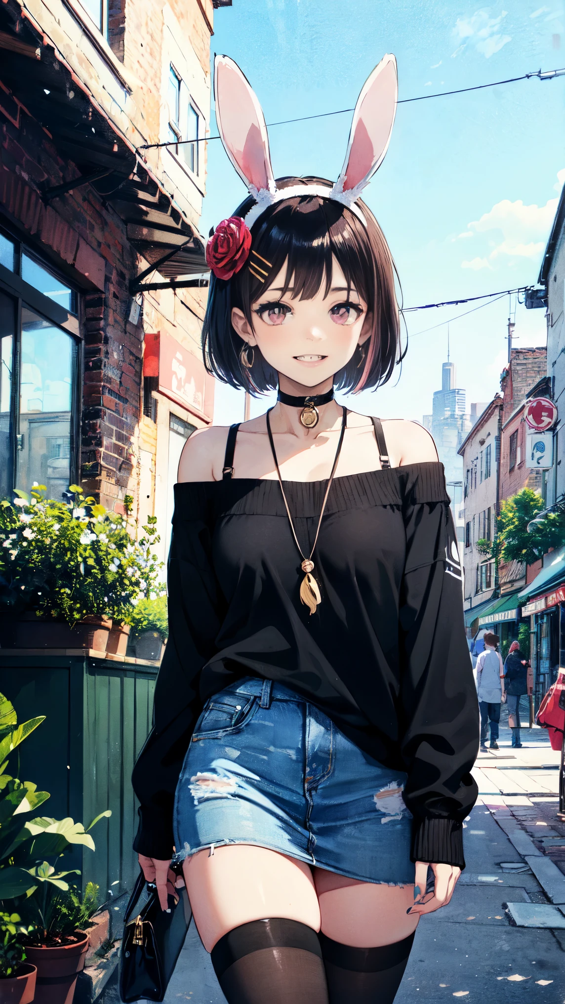 (fantastic illustration:1.4),(watercolor:1.25 ),(High_quality:1.4),(high_resolution:1.4),(high_definition:1.4),(tone_mapping:1.2),(color_field:1.3),(Detailed_Glow:1.2),(Best_Illumination:1.2),(Super_Detail:1.4),(Best_Light:1.3),(Intricate_Detail:1.2),(Hyper_Detail:1.2),(mixed_media:1.2),(multicolor:1.2),(magic_realism:1.4),atmospheric,
BREAK 1 beautiful horny girl,alone,(cute:1.5),(Chibi:0.8),(kawaii1.5),(:0.9),(horny girl, cute, full of energy, change face,slightly swollen chest),(black hair, messy short bob, story me, pink eyes:1.55 ),(full of energy, goofy smile, bad face:1.2),(white bunny ears headband:1.2),(smile,shine tooth:1.45),
BREAK
〈Quality Character Prompt〉
BREAK
(The color is chosen randomly from black, white, brown, pink, or yellow, and by wearing this solid cold shoulder pullover sweater, you can enhance your chastity and charm even in a loose silhouette. The temperature is still chilly, so make sure to wear long sleeves and cover your chest.:1.3)
BREAK
Wearing a denim low waist mini skirt will make your legs look longer, perfect your style and enhance your charm.
Wearing (black or white thighhighs:1.2) will make your legs look slimmer and enhance your overall beauty.
BREAK
Her makeup is natural and has a spring feel to it, with bright colored cheeks and lips to enhance her cute look.
Add spring-like colors and patterns to your nails to make them even more cute.
Wearing sneakers in a color that serves as an accent will help balance out the overall look.
Earrings, earrings, necklaces, and bags do not stand out too much, but
BRAEK
(Red Flower Hair Ornament:1.2),
BREAK,(early evening),Walking,a closed mouth,(architecture, building, Choker, city, Cityscape, Outdoors, potted plant,Street, Town:1.55), Waterfall,depth of fields,
BREAK wakame,wakame,wakame,(cowboy shot,from f:1.65),
BREAK manga illustration,manga style,line art,(sketch:1.2),rough drawing,(black outline:1.3),thick outline,craftsman made contour,gradation painting,clean line drawings,