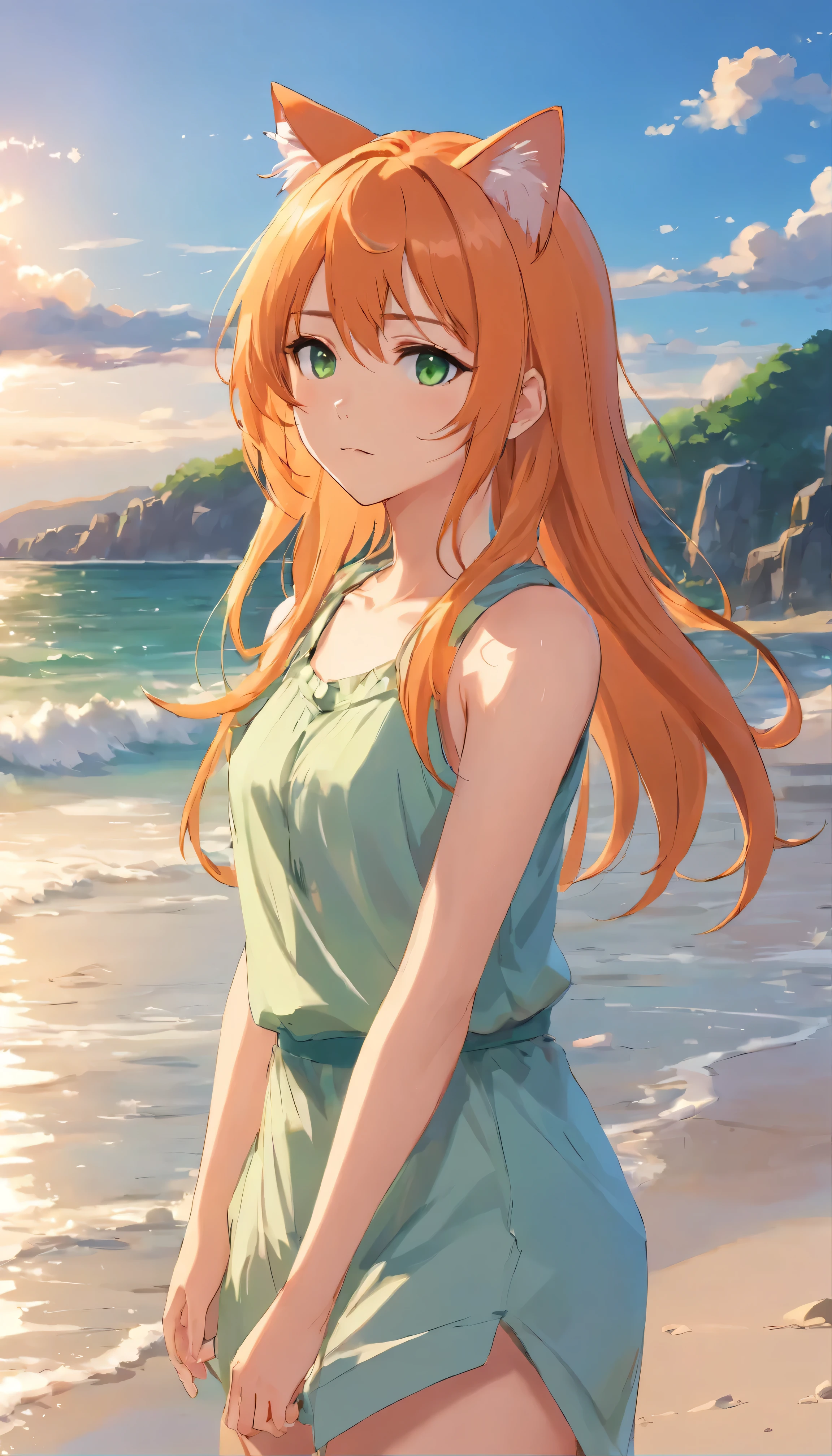 Anime girl with long orange hair, standing on the beach near the ocean, green eyes detailed digital anime art, cat ear, anime girl with long hair, гладкое аниме cg art, anime girl with long hair, digital anime art, work in Guweiz style, Beautiful anime portrait, Photorealistic render of an anime girl, Beautiful anime girl, advanced digital anime art, guweiz на artstation pixiv HD UHD HQ
