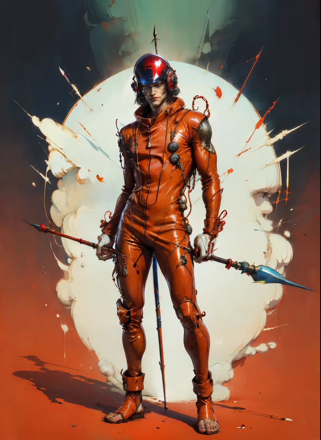 perfect proportions, anatomically correct, (head to toe: 2.0), (full body image: 2.0), solo, (Casshern: 1.6), extremely stylized, deviant art, masterpiece, highly detailed, detailed eyes, expressive detailed eyes, detailed pupils, futuristic, ((1950s scifi helmet)), ((pointy helmet)), Rubber Gloss, (red flightsuit:1.4), white boots, entire body image, full body shot, nvinkpunk, professional photograph of alexander_skarsgard, tassles, large beads, large tassels, navy blue and white, cyberpunk, inkpunk, paint platter, ink splatter, (action pose:1.0), ((holding a two pronged spear))