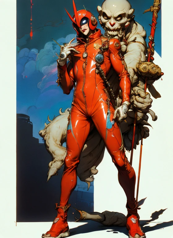 perfect proportions, anatomically correct, (head to toe: 2.0), (full body image: 2.0), solo, (Casshern: 1.6), extremely stylized, deviant art, masterpiece, highly detailed, detailed eyes, expressive detailed eyes, detailed pupils, futuristic, ((1950s scifi helmet)), ((pointy helmet)), Rubber Gloss, (red flightsuit:1.4), white boots, entire body image, full body shot, nvinkpunk, professional photograph of alexander_skarsgard, tassles, large beads, large tassels, navy blue and white, cyberpunk, inkpunk, paint platter, ink splatter, (action pose:1.0), ((holding a two pronged spear))