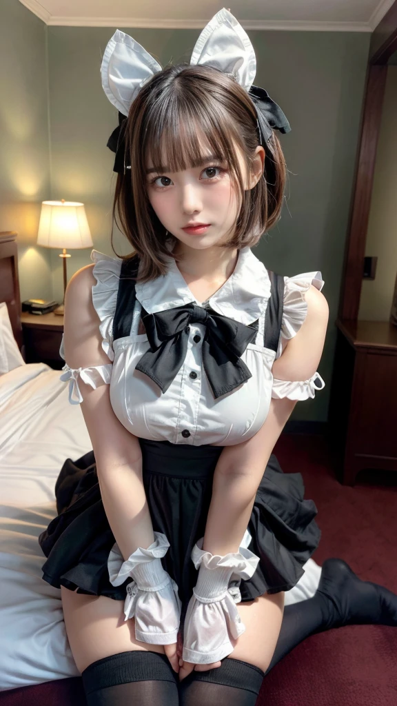 (8K、RAW Photos、Highest quality、masterpiece:1.2)、(Realistic、Realistic)、1 Girl、((Maid Costume:1.2、Thin legs、whole body、View from the front、smile、Looking into the camera、Hold your skirt with both hands and show me your black panties))、cute、Accurate Fingers