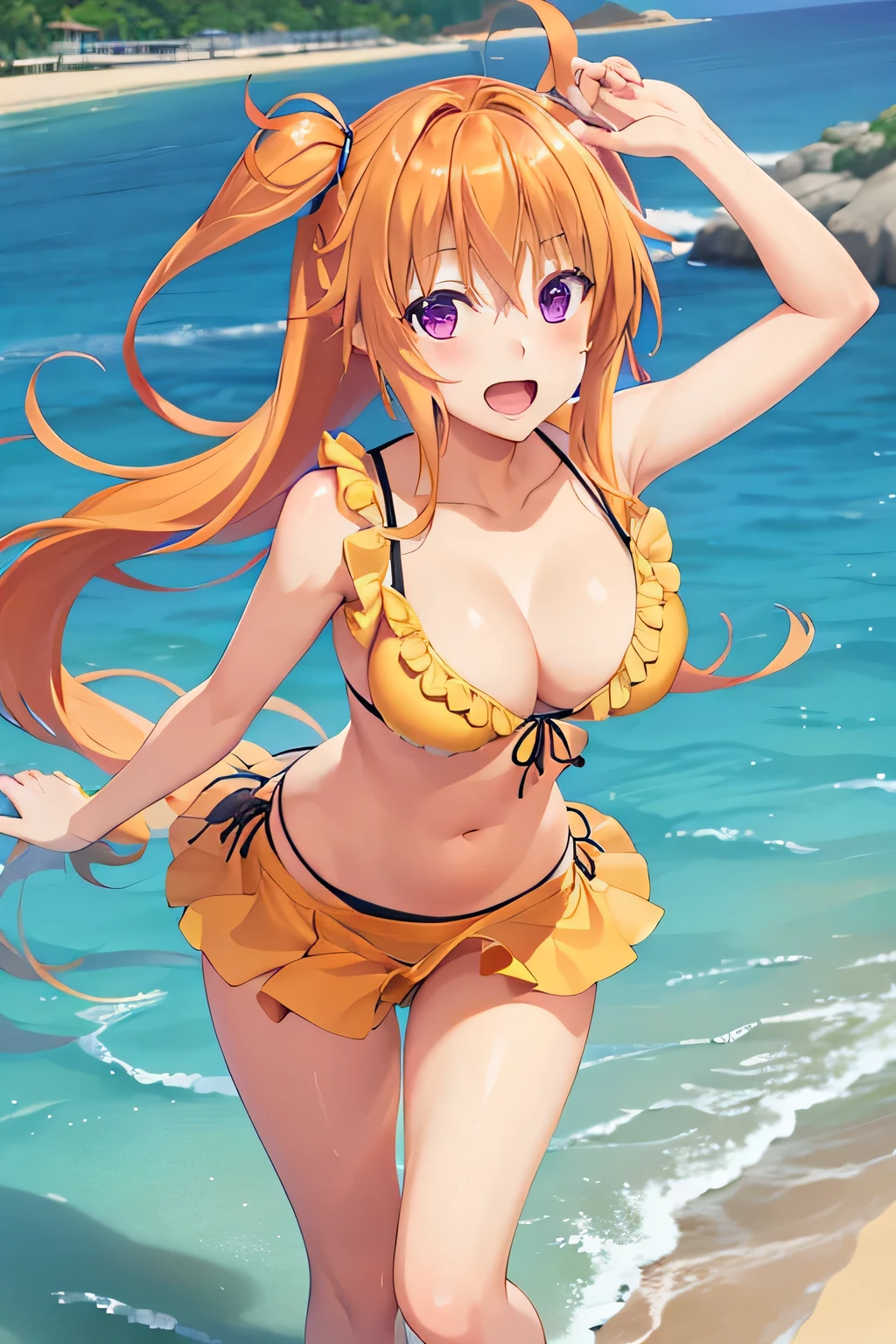 best quality, masterpiece, detailed, ShidouIrina, 1girl, open mouth, smile, blush, orange hair, long hair, twintails, purple eyes, yellow bikini, frilled bikini, bikini skirt, looking at viewer, arms at sides, beach, water