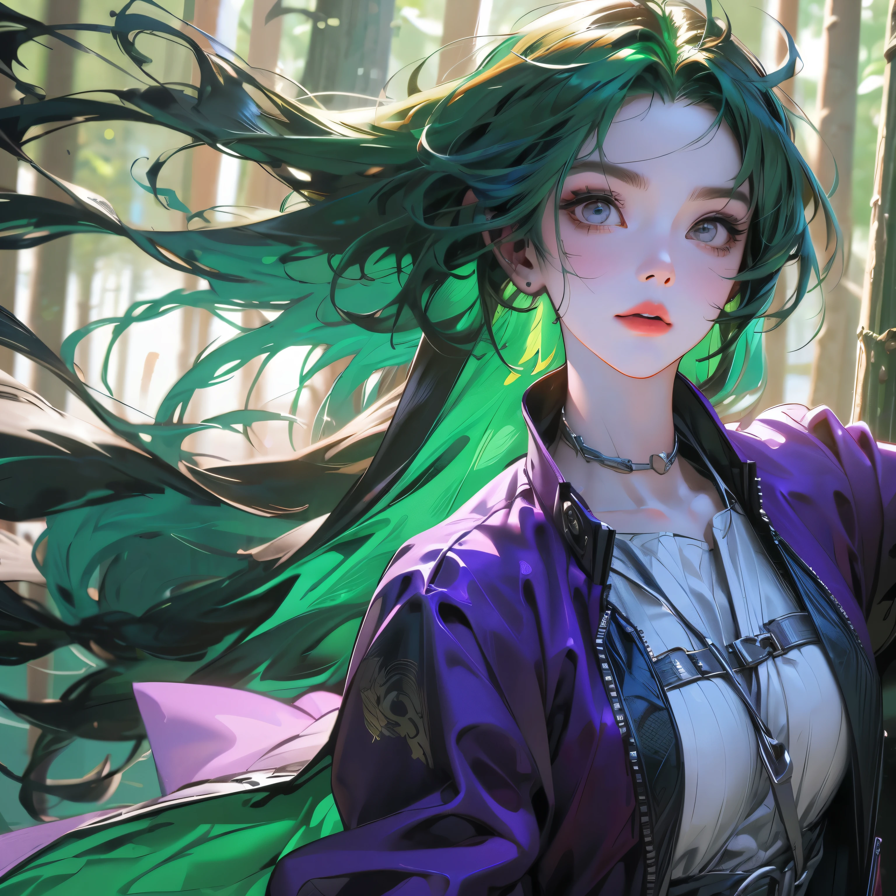1girl, solo, (forest green hair:1.2), Asymmetrical haircut, (violet clothes:1.2) masterpiece, best quality, photorealistic, realistic, , caustics, subsurface scattering , wind