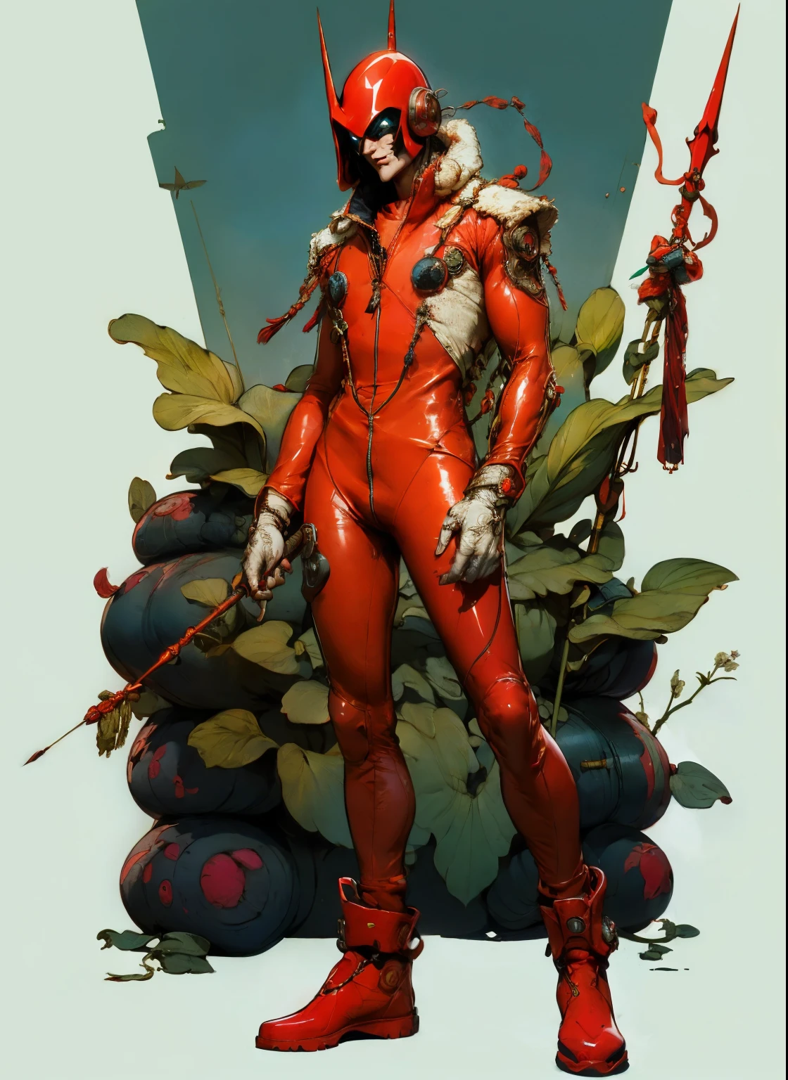 perfect proportions, anatomically correct, (head to toe: 2.0), (full body image: 2.0), solo, (Casshern: 1.6), extremely stylized, deviant art, masterpiece, highly detailed, detailed eyes, expressive detailed eyes, detailed pupils, futuristic, ((1950s scifi helmet)), ((pointy helmet)), Rubber Gloss, (red flightsuit:1.4), white boots, entire body image, full body shot, nvinkpunk, professional photograph of alexander_skarsgard, tassles, large beads, large tassels, navy blue and white, cyberpunk, inkpunk, paint platter, ink splatter, (action pose:1.0), ((holding a two pronged spear))