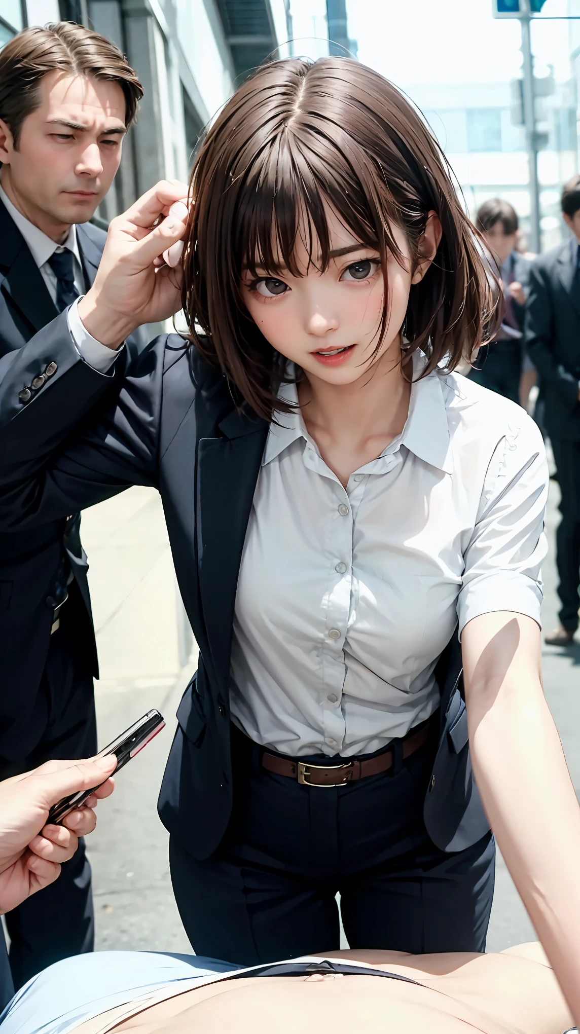 highest quality、4K quality、Man Attacking、A woman in a suit being pushed down by a man、Man touches woman's chest、The man presses his hips against the woman's crotch、slender、Small face、