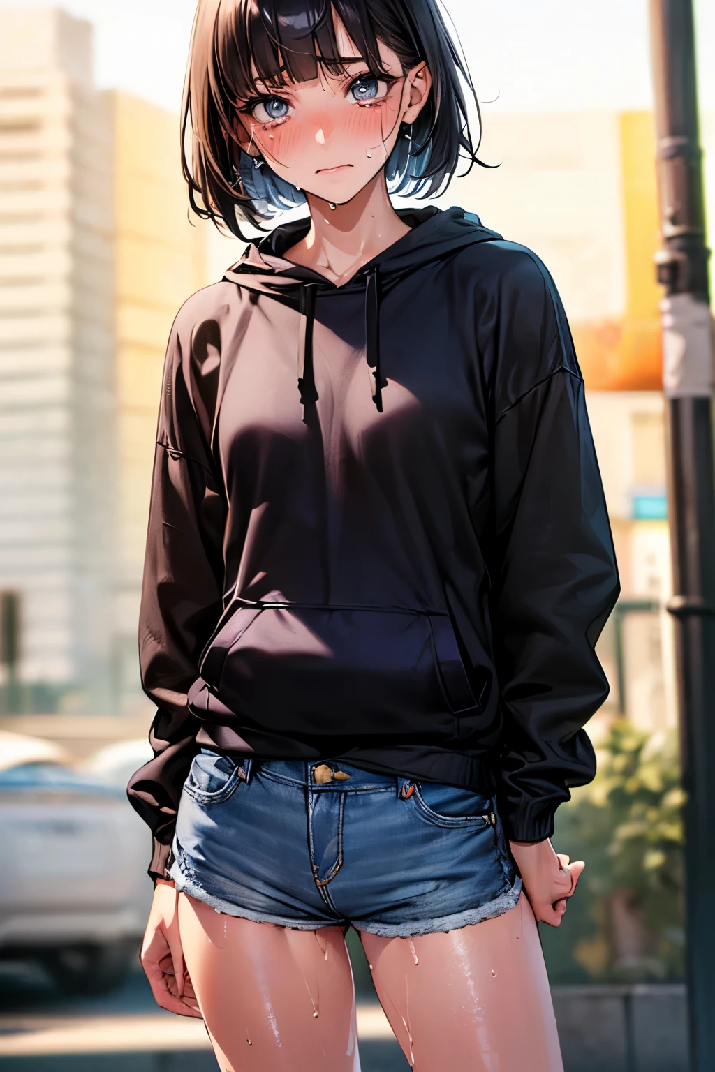 (((perfect anatomy,realistic:1.4,RAW Photography:1.4,masterpiece、highest quality、Ultra - High resolution、High resolution、Highly detailed CG、8K))),cowboy shot,1 female,solo,18 year old beauty,Japanese,((beautiful detailed face and eyes:1.3,big gorgeous eyes:1.3,gray eyes)),black hair,short bob hair,blunt bangs,tears,blush,(medium breasts,slender body,small head:1.3,skinny),(gleaming skin,shiny skin,sweat:1.5),(black oversized hoodie sweat shirt,denim micro shorts、Bare legs),standing,on street,Tokyo、