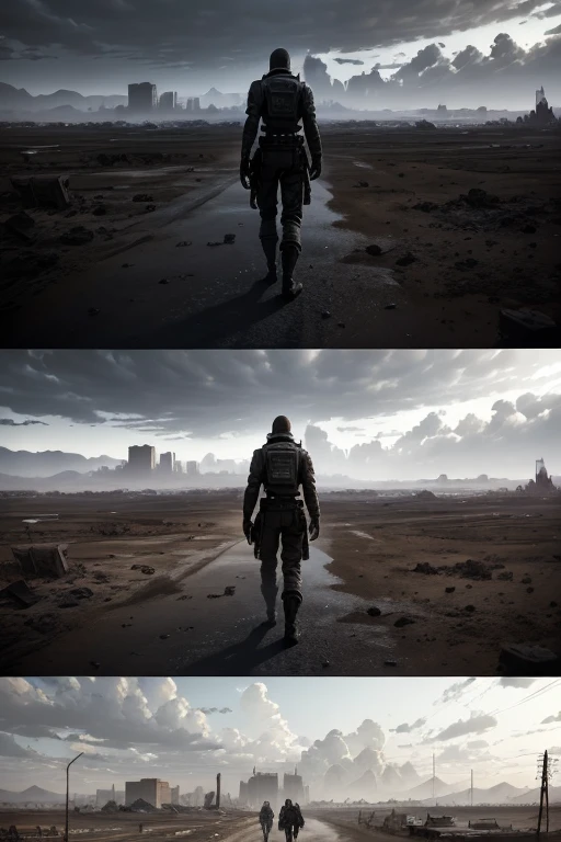(best quality,4k,8k,highres,masterpiece:1.2),ultra-detailed,(realistic,photorealistic,photo-realistic:1.37),post-apocalyptic wasteland,desolate landscape,ruined city,crumbling buildings,debris and rubble,abandoned vehicles,dusty atmosphere,dilapidated skyscrapers,toxic wasteland,wild overgrown vegetation,ominous clouds,scavengers searching for supplies,harsh lighting,overcast sky,barren wasteland,destroyed infrastructure,decaying remnants of society,dystopian future,desperation and desolation,lonely figures wandering,broken bridges,severe pollution,ash-filled air,deserted streets,eroded landmarks,ruins of civilization,overgrown with weeds and vines,forgotten memories,apocalyptic aftermath,fight for survival,haunting silence,forlorn atmosphere,dark and gritty aesthetic,post-disaster remnants,pathetic lives,bleak existence,devastated surroundings,arid climate,harsh conditions,decimated population,eerie landscape