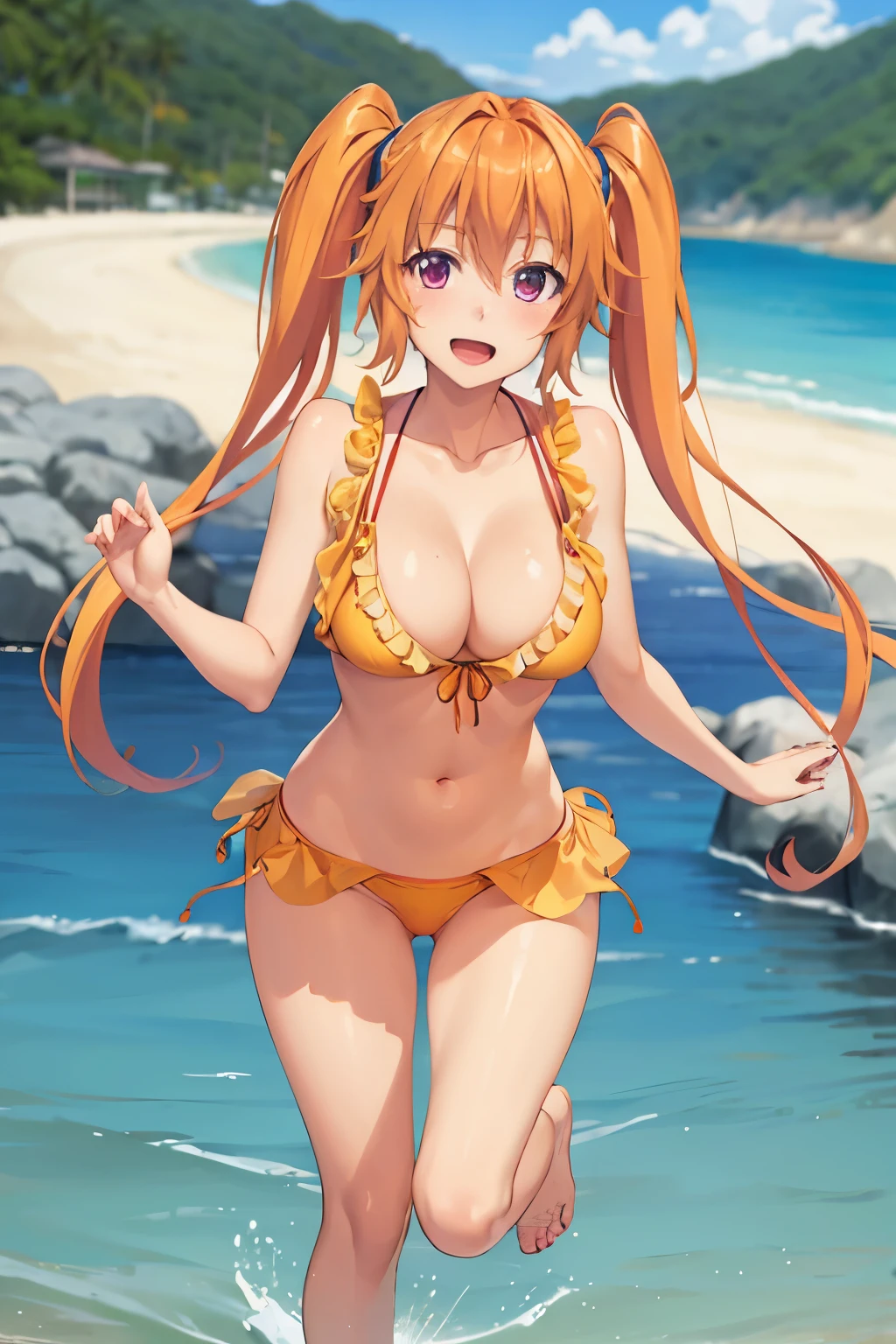 best quality, masterpiece, detailed, ShidouIrina, 1girl, open mouth, smile, blush, orange hair, long hair, twintails, purple eyes, yellow bikini, frilled bikini, looking at viewer, arms at sides, beach, water