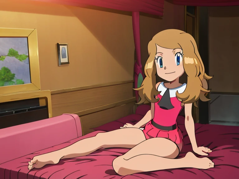 masterpiece, best quality, highres, girl's room, 1girl, solo, serena (pokemon), sexy pose, underwear, looking at viewer, bare legs and feet, seated on the bed, closed mouth, smiling.