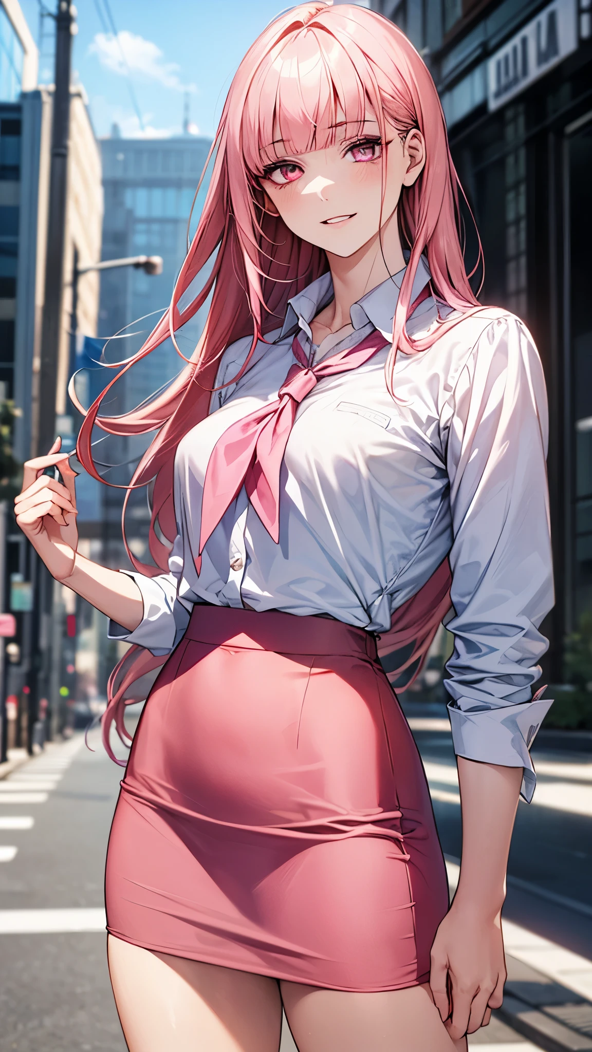 (masterpiece:1.2, top-quality), (realistic, photorealistic), beautiful illustration, (natural side lighting, movie lighting), , 
beautiful detailed hair, beautiful detailed face, beautiful detailed eyes, beautiful clavicle, beautiful body, beautiful chest, beautiful thigh, beautiful legs, beautiful hands, 
looking at viewer, 1 girl, japanese, office lady, 20 years old, perfect face, cute and symmetrical face, shiny skin, 
(very long hair, straight hair, salmon pink hair), blunt bangs, maroon eyes, slant eyes, long eye lasher, (medium breasts, small ass, thin thighs), slender, outstanding style, 
detailed cloth texture, ((light purple stripe very small neckerchief, white collared shirt, business suit, pencil skirt)), 
(beautiful scenery), spring, evening, (downtown), standing, (lovely smile, parted lips), 