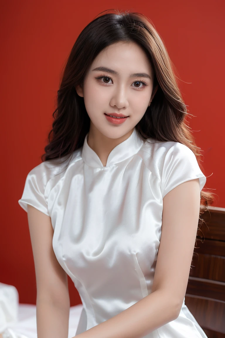 VIETNAM BEAUTIFUL GIRL WEAR WHITE (((SATIN SILK)) AODAI) sexy, VIETNAMESE, ((tet holiday in vietnam)), 4k, masterpiece,, stunning beautiful idol detailed face, all body , (vietnam model girl), sexy, see-though clothes, light smile, make up, big , red background,