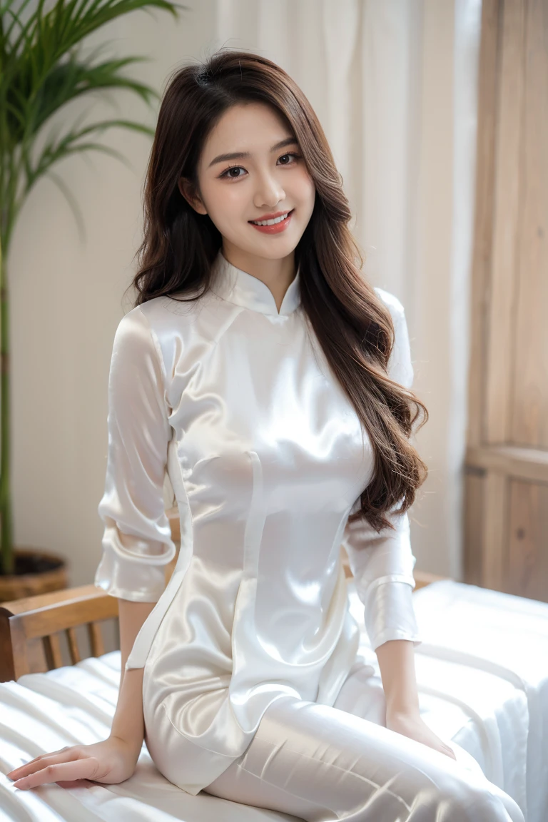 VIETNAM BEAUTIFUL GIRL WEAR WHITE (((SATIN SILK)) AODAI) sexy, VIETNAMESE, ((tet holiday in vietnam)), 4k, masterpiece,, stunning beautiful idol detailed face, all body , (vietnam model girl), sexy, see-though clothes, light smile, make up, big , blank background,
