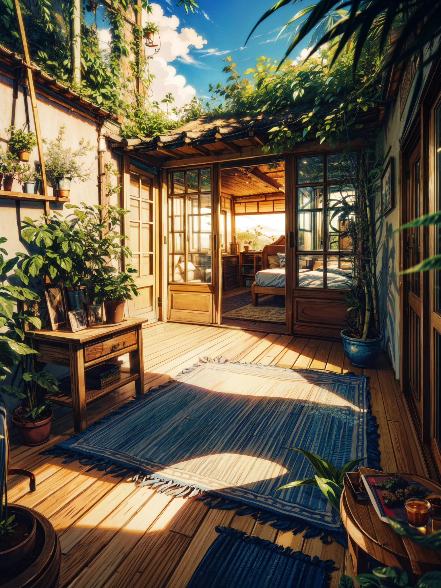 wide view, blue boho apartment, white chick carpet, Jungle, day light, cloudy sky, pine trees, calm, silence, tropical plant pots, covered with daisy flowers, yellow woodwork, aesthetics, peaceful, bamboo furniture, movie scene, aesthetics, beautiful tones, scenery, beautiful ambience, 8k, volumetric light, peaceful scene, light shining on part of foliage, micro landscape, intrinsic details