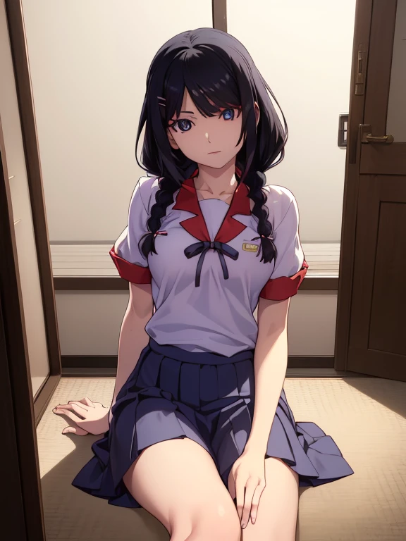 hanekawatsubasa, hanekawa tsubasa, pelo largo, pelo negro, adorno para el pelo, (ojos morados:1.1), trenza, Pinza para el cabello, twin trenzas, naoetsu alto uniforme escolar, Anteojos,
ROMPER skirt, uniforme escolar, naoetsu alto ,
ROMPER indoors, aula,
ROMPER looking at viewer,
ROMPER (Obra maestra:1.2), mejor calidad, high resolution, fondo de pantalla de unidad 8k, (illustration:0.8), (hermosos ojos detallados:1.6), cara extremadamente detallada, Perfect lighting, CG extremadamente detallado, (manos perfectas, perfect anatomy),