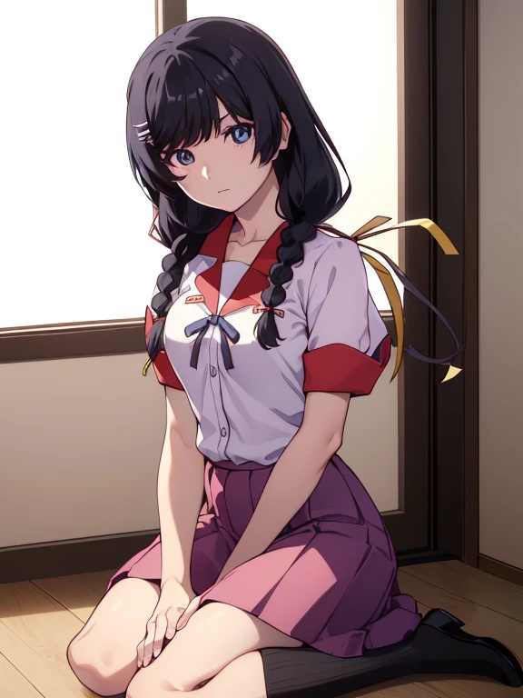 hanekawatsubasa, hanekawa tsubasa, pelo largo, pelo negro, adorno para el pelo, (ojos morados:1.1), trenza, Pinza para el cabello, twin trenzas, naoetsu alto uniforme escolar, Anteojos,
ROMPER skirt, uniforme escolar, naoetsu alto ,
ROMPER indoors, aula,
ROMPER looking at viewer,
ROMPER (Obra maestra:1.2), mejor calidad, high resolution, fondo de pantalla de unidad 8k, (illustration:0.8), (hermosos ojos detallados:1.6), cara extremadamente detallada, Perfect lighting, CG extremadamente detallado, (manos perfectas, perfect anatomy),