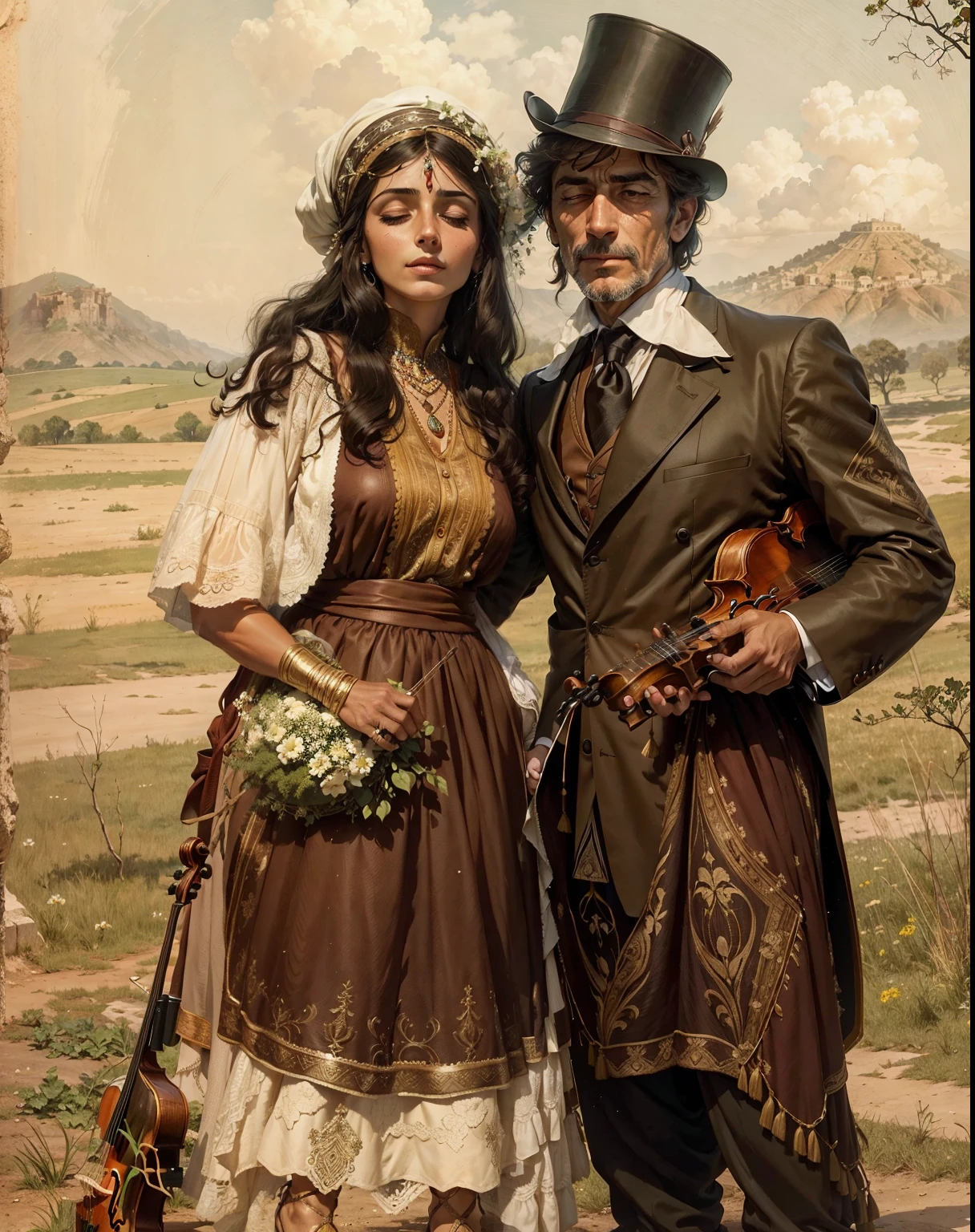 A nice and handsome Romani couple, a beautiful woman and a nice man, their faces etched with the stories of a thousand roads, stand beneath the shade of a sprawling oak tree. The husband, his eyes closed in concentration, holds a well-worn violin against his shoulder.
