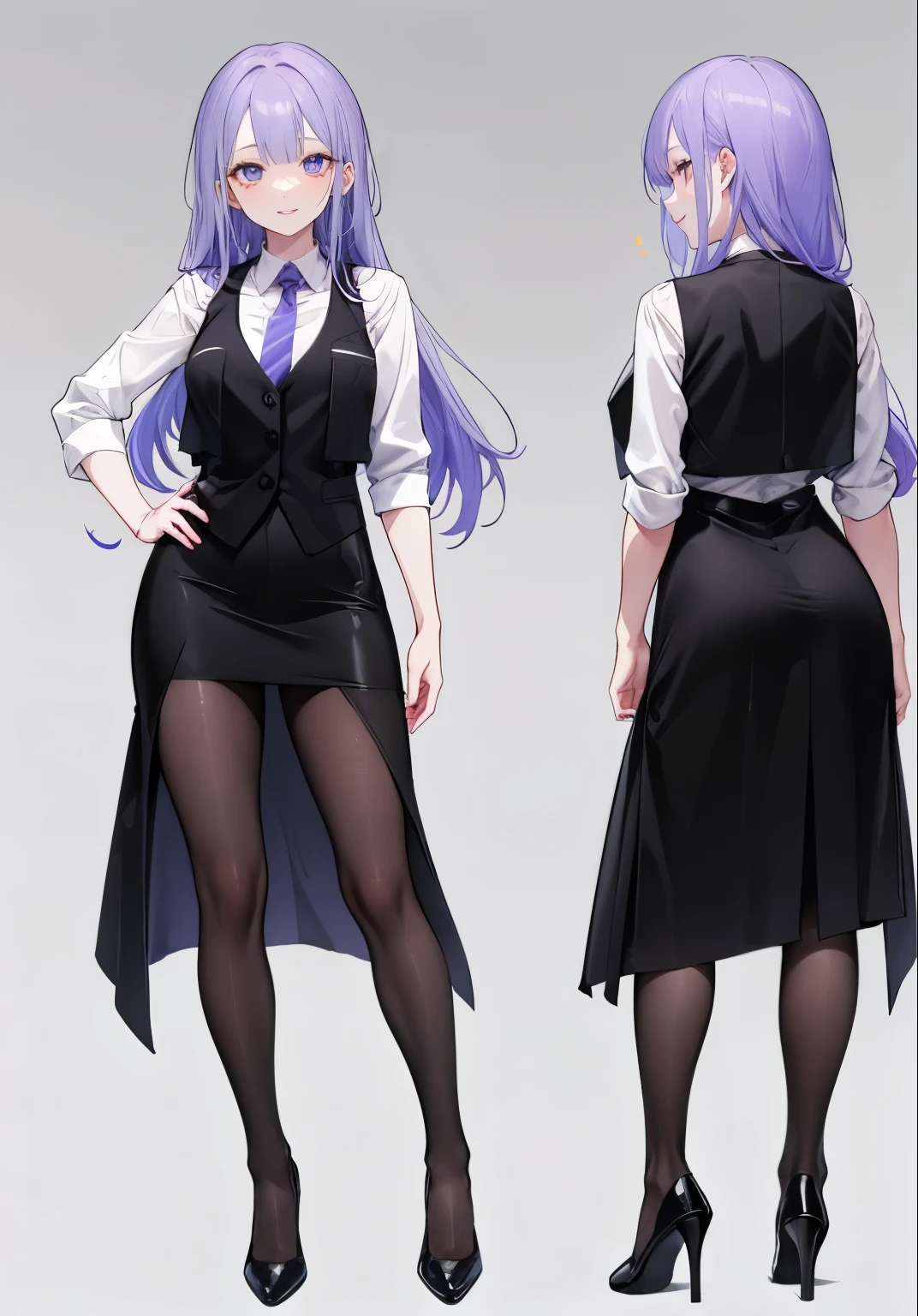 ((Perfect Face)),Purple Hair,voluminous long hair,1 female,bartender,suit,Black vest,Shirt with rolled up sleeves,tie,slit,High heels,,((Simple Background)),smile,((whole body)),((whole body)),Portraiture,virtual,upright,,Standing upright with face and body facing forward,