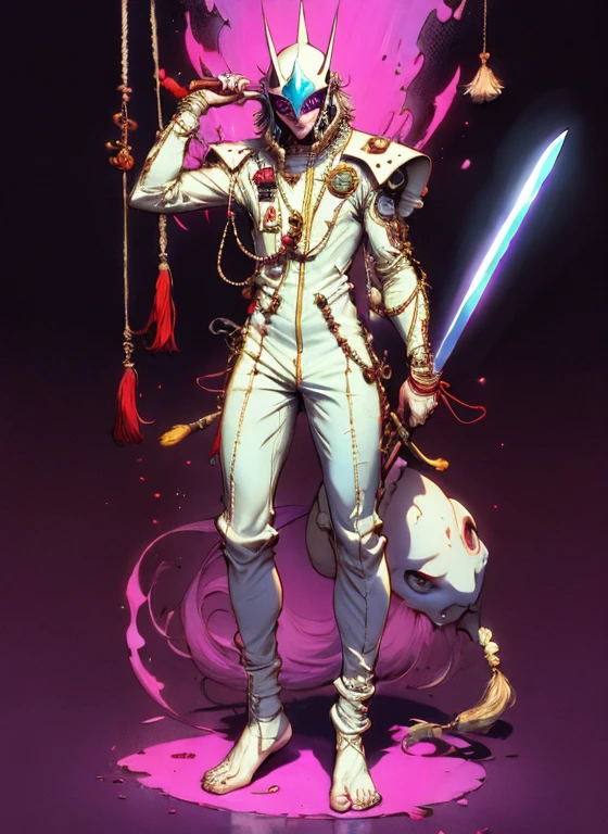 perfect proportions, anatomically correct, (head to toe: 2.0), (full body image: 2.0), solo, (Casshern: 1.6), extremely stylized, deviant art, masterpiece, highly detailed, detailed eyes, expressive detailed eyes, detailed pupils, futuristic, ((1950s scifi helmet)), ((pointy helmet)), Rubber Gloss, (flightsuit:1.4), big boots, entire body image, full body shot, nvinkpunk, professional photograph of alexander_skarsgard, tassles, large beads, (large tassels), navy blue and white, cyberpunk, inkpunk, paint platter, ink splatter, (action pose:1.0), ((holding a sword))