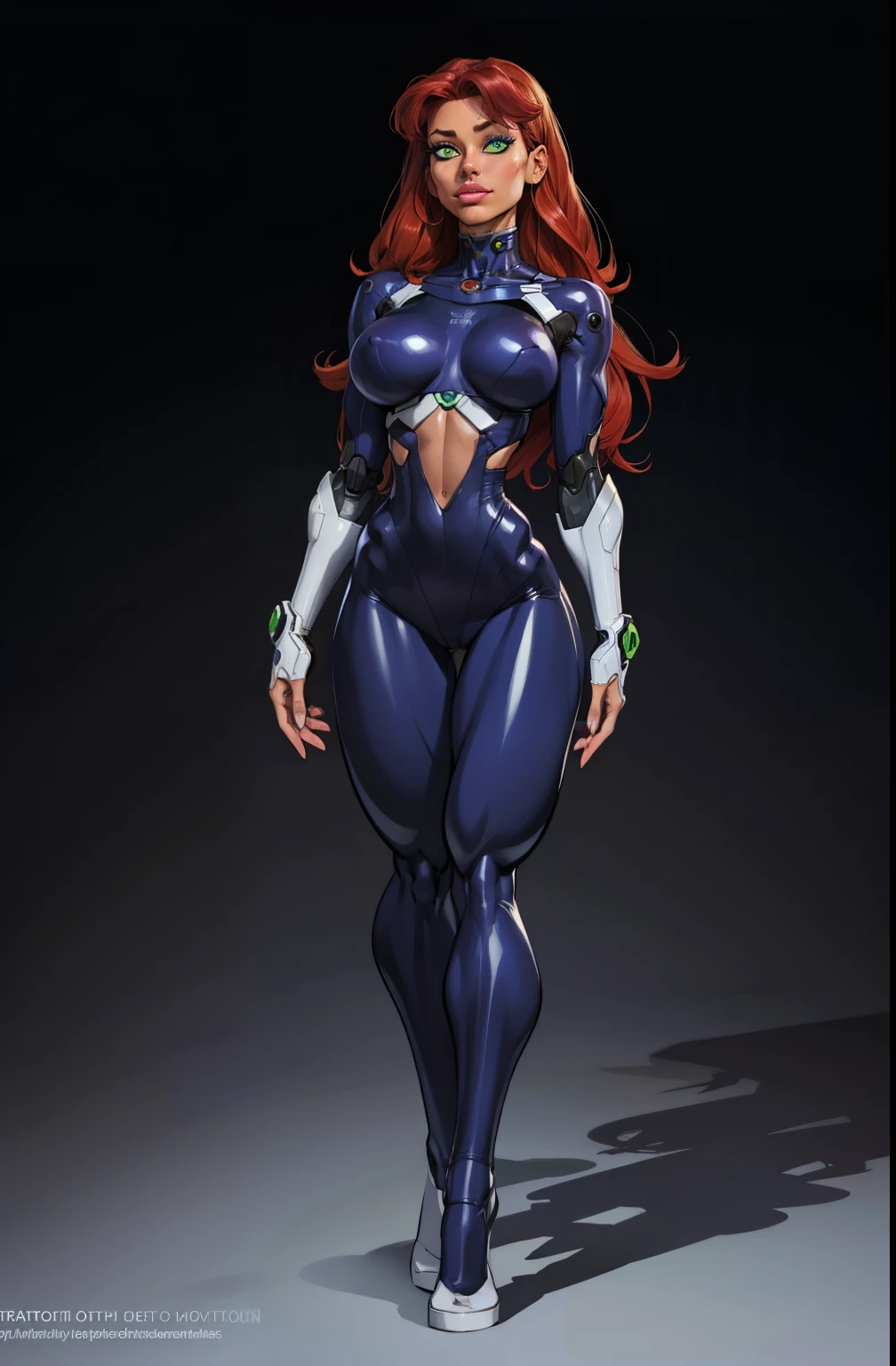 full body, standing on her feet, futuristic background, sexy appearance, starfire, red hair, ((orange skin)), ((wide hips)), large breasts,breasts together, cleavage, makeup, (purple suit), mascara, long hair, beautiful eyes, large iris, ((green eyes)), Lips are soft or colored, simple black background, simple color palettes, clean, Crisp drawings, fluid silhouettes,purple vintage futuristic clothing, retro futurism, retrofuturism, Asymmetric, geometric, purple and silver clothes, Different designs, simple silhouettes, Technology style, future, high fashion, Simplicity and sophistication, sexy, slim, short purple outfit, sexy, Erotic, cleavage, youthful appearance, sweaty, in a robot, Evangelion purple