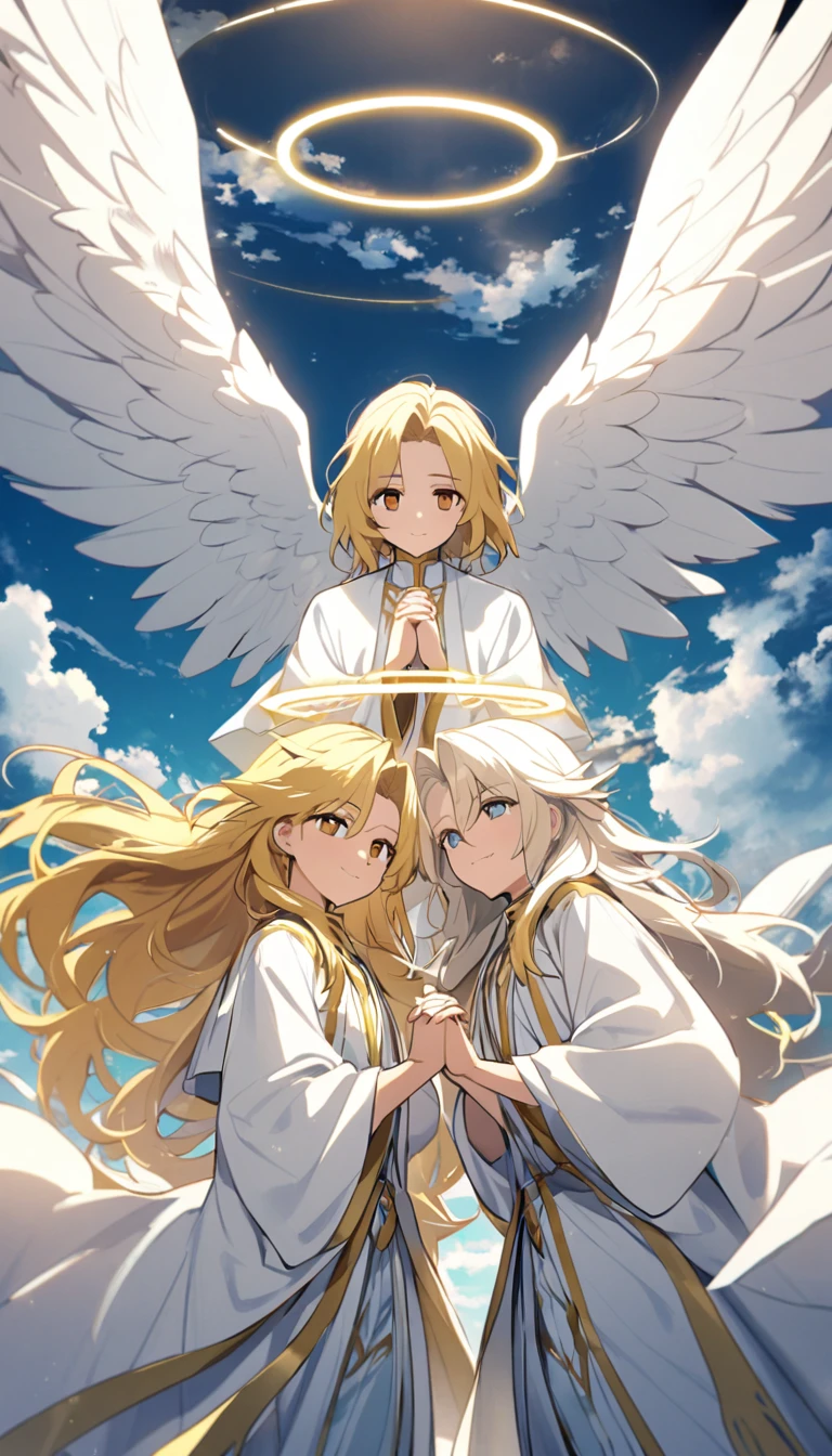 archangel gabriel, femmine male, brown eyes, long golden hair, white wings, white robes, halo, clasped hands, clouds