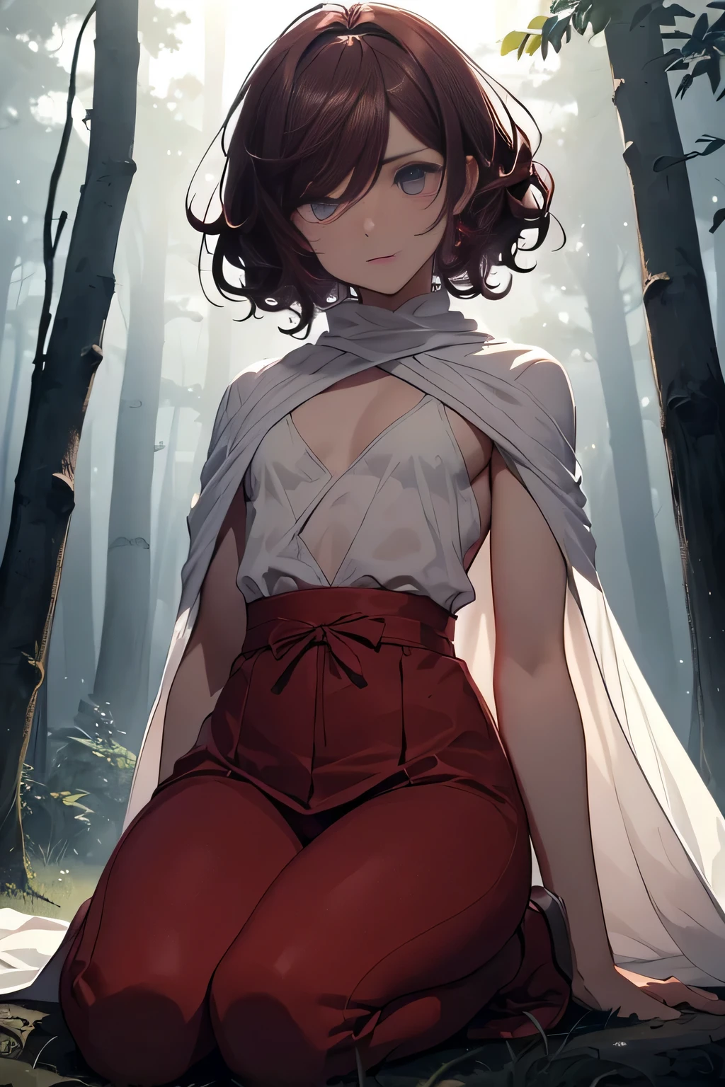 Solo, femboy male, laying on the ground in a forest, (((white skin))), light red linen tunic, navy cloak, magenta accents, tight pants, royal attire (dark brown hair, curly hair, medium hair), sad, exhausted (laying down on the ground) (scared) (dark atmosphere) (eye closed) (sweat) (dirty) (beautiful face) (blue eyes) (laying on his back) (passed out) (emphasize on femboy laying lifeless) (boy) (emphasize on dark atmosphere) (foggy atmosphere)