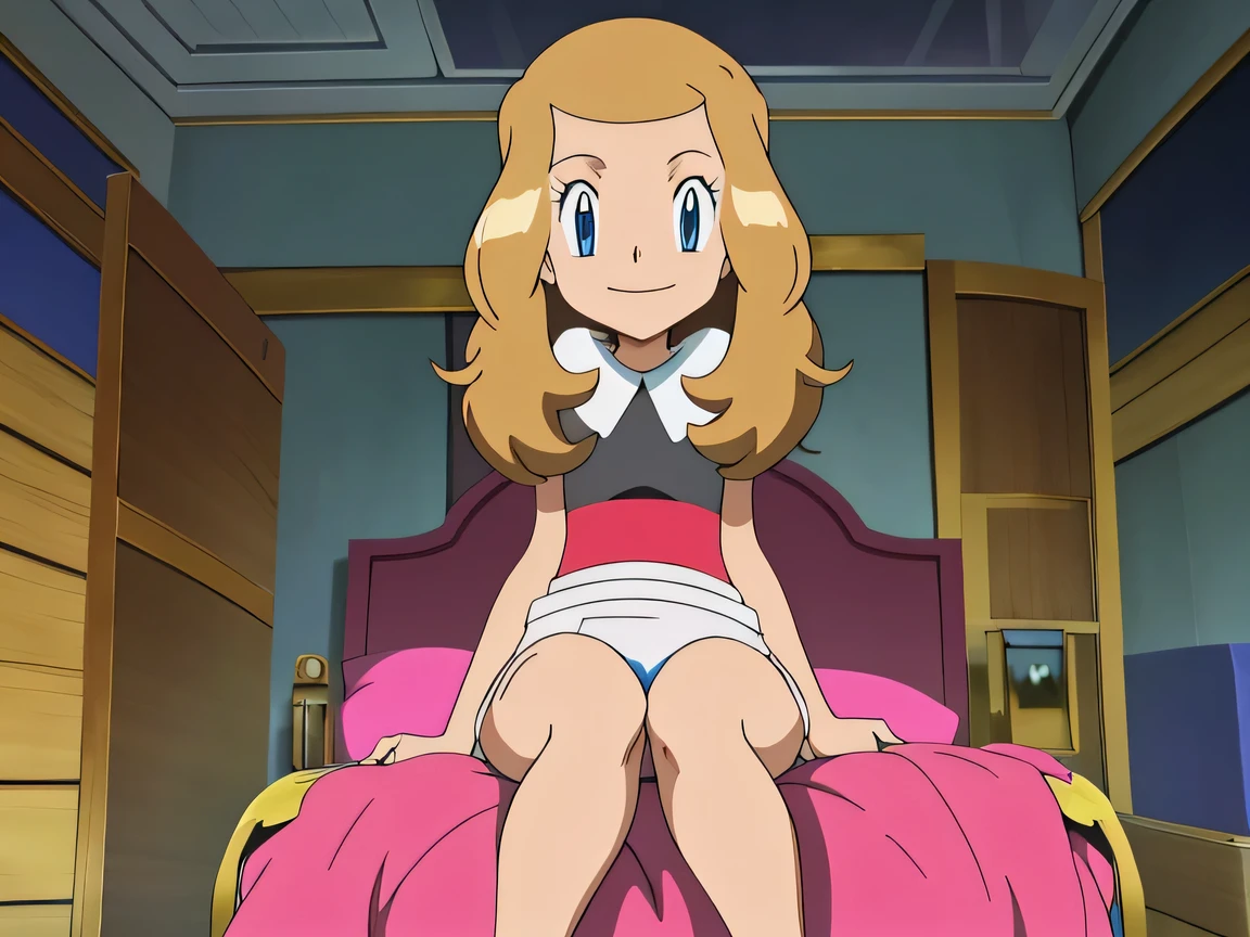 masterpiece, best quality, highres, girl's room, 1girl, solo, serena (pokemon), sexy pose, underwear, looking at viewer, bare legs and feet, seated on the bed, closed mouth, smiling.