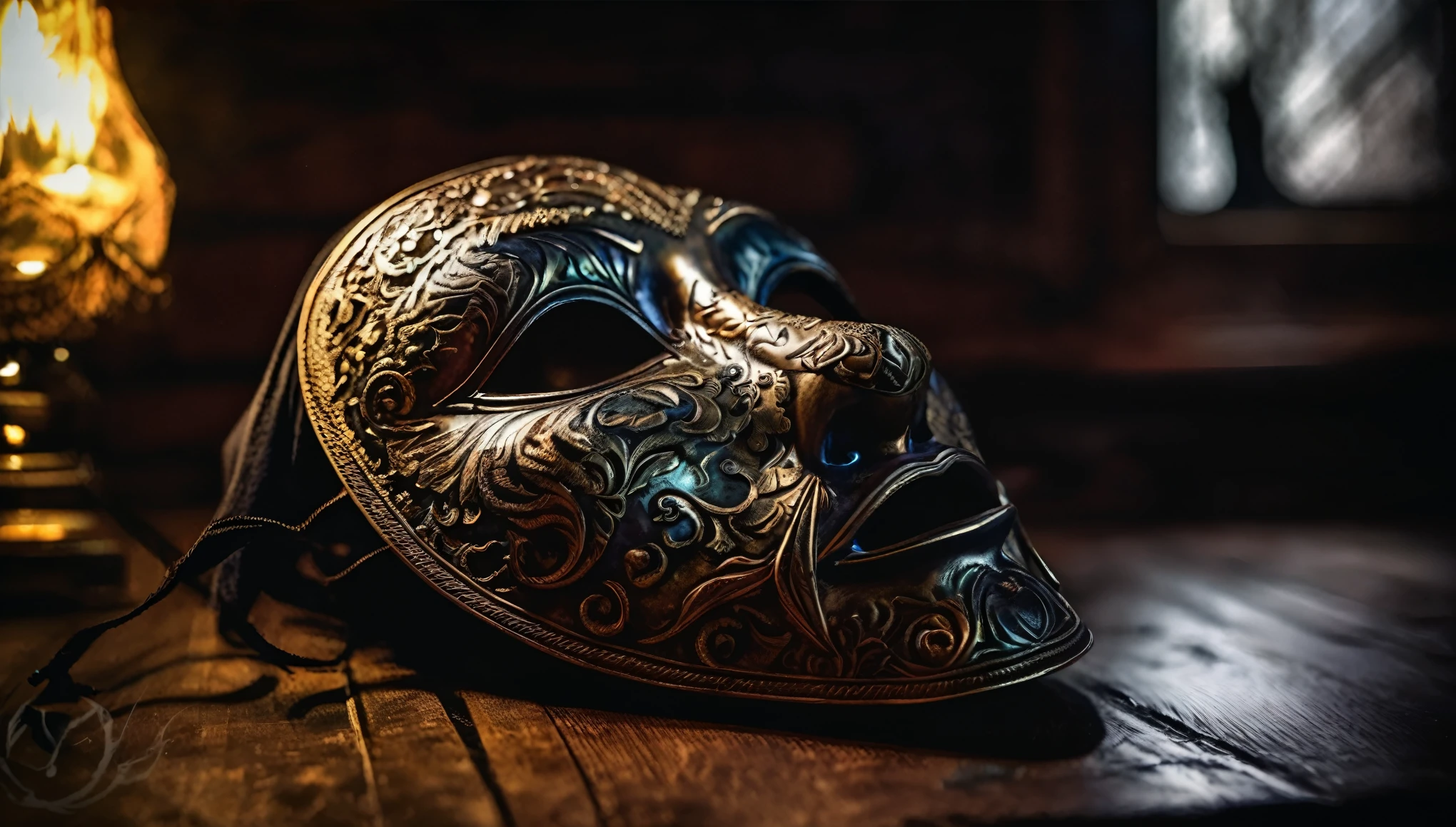 (best quality,low lighting:1.2),sinister mask lying on top of a wooden table, top view,dark ambiance,haunting atmosphere,mysterious feeling,muted colors,subtle shadows,dimly lit scene,ominous mask presence,creepy aura,mysterious object,uncanny vibes,foreboding atmosphere,dramatic lighting,spooky vibes,macabre artifact,unsettling presence,enchanted darkness,mysterious aura,dimly illuminated setting,suspenseful mood,darkened room,menacing detail of the mask,hauntingly beautiful,haunted vibes,mesmerizing darkness,dark secrets,dramatic shadows,shrouded in mystery,atmospheric lighting,dark wooden backdrop,spellbinding presence,eerie aura,infused with suspense,mystical undertones,whisper of the unknown,gloomy ambiance,haunting curiosity.