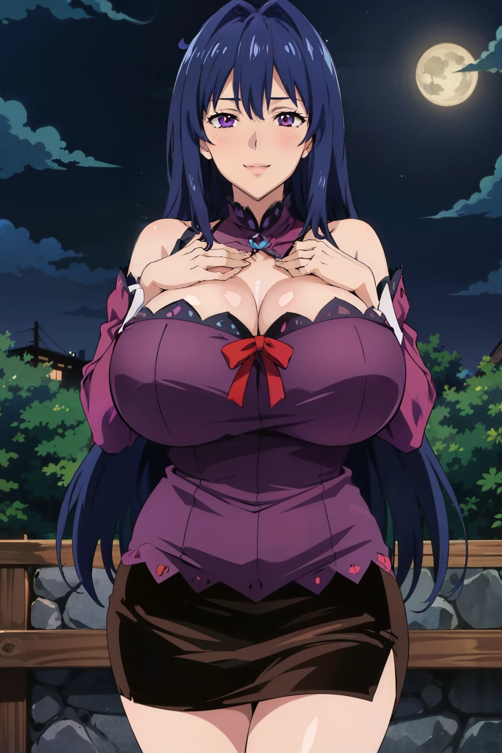 (Grabbing Viewer POV : 1.3), purple dress, black skirt, night shibuya street, crowded, Nijou Aki, 27 yo, mature women, takeda hiromitsu style, anime cels style, best quality, high resolution, (gigantic breasts:1.3), cowboy shot, blush, smiling, (purple eyes), blue hair