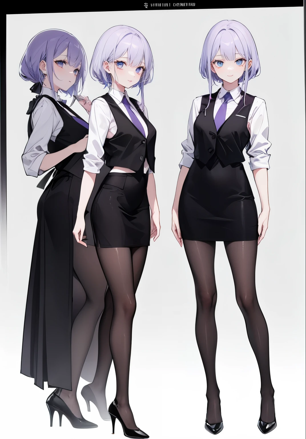 ((Perfect Face)),Purple Hair,Semi-long hair,1 female,bartender,,Black vest,tie,High heels,,((Simple light color background)),((smile)),((whole body)),((whole body)),Portraiture,virtual,upright,