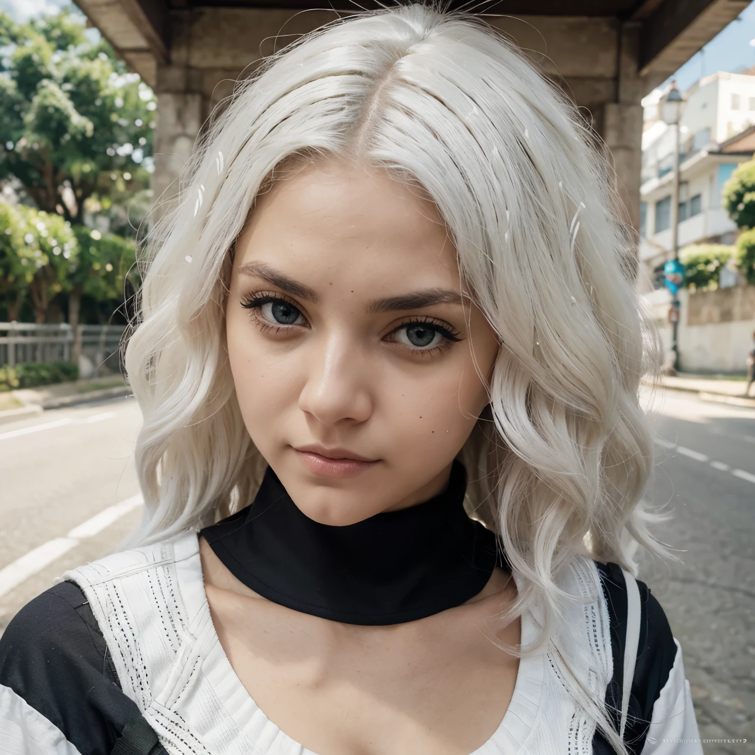 morena, curly white hair thrown back, White eyelashes, olhos verdes, cicatriz feia no olho esquerdo, cicatriz na ponte do nariz, serious face, estilo da obra My hero Academia