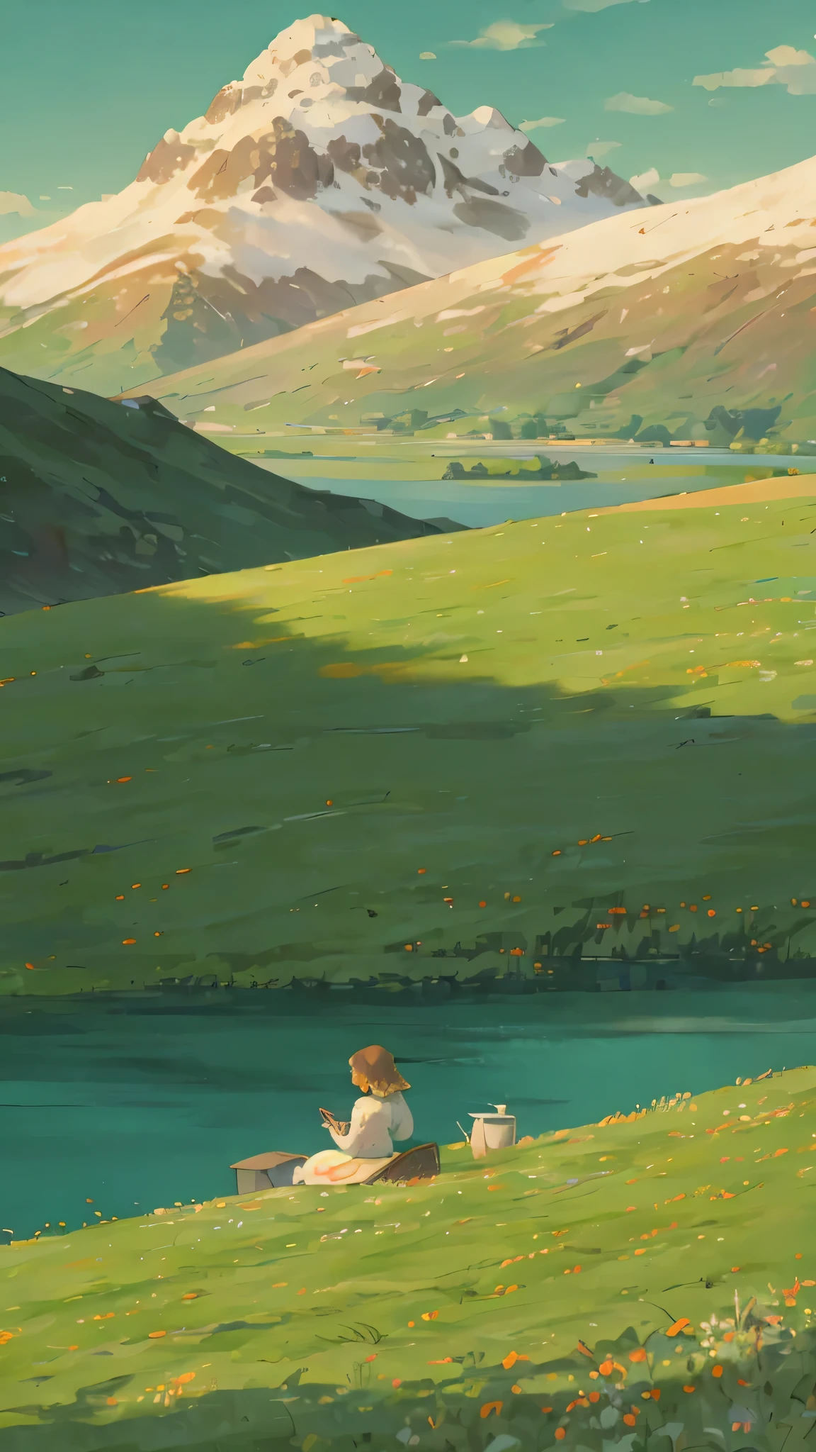 A plain full of green grass. A lake can be seen at the back of the plain, surrounded by mountain ranges. There is a woman sitting alone drinking tea on a carrot mat in the distance. The lawn shakes and waves in the wind.