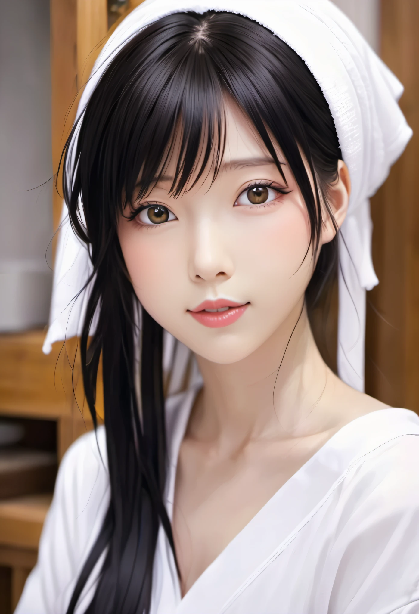 (masterpiece, best quality: 1.2), Anime girl with black hair wearing white towel,Delicateeyes,  Anime girl named Lucy, female anime character, Beautiful seductive anime teen, Yuruyuri, Harumi, Nagatoro, return, Best Girl in Anime, anime thai girl, Kakiuchi Narumi,， Cute and natural anime face, as an anime character