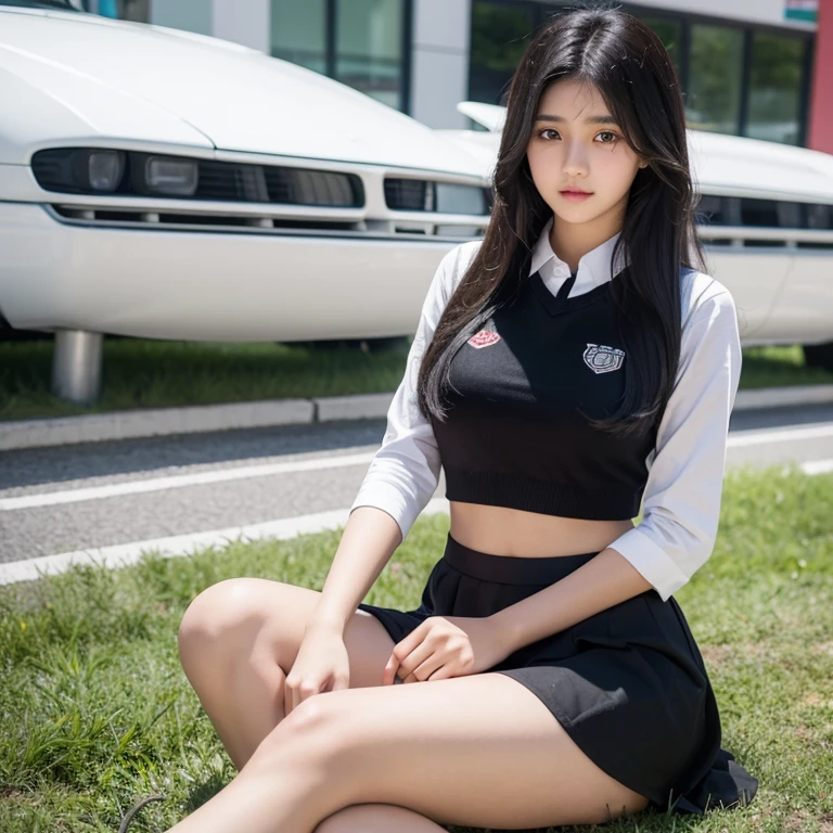 girl,black hair,in half sleeves and school black skirt, beautifull,cute,bigass and mid ,Indian,white sexy showing bit of breasts
