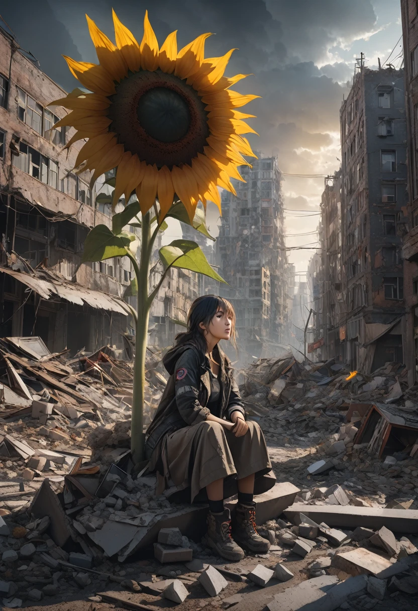 1girl, Post-Apocalyptic Wasteland, Giant sunflower growing from rubble, Scavengers digging through a post-apocalyptic city after the end of the world Epic cinematic brilliant stunning intricate meticulously detailed dramatic atmospheric maximalist digital matte painting volumetric lighting concept art