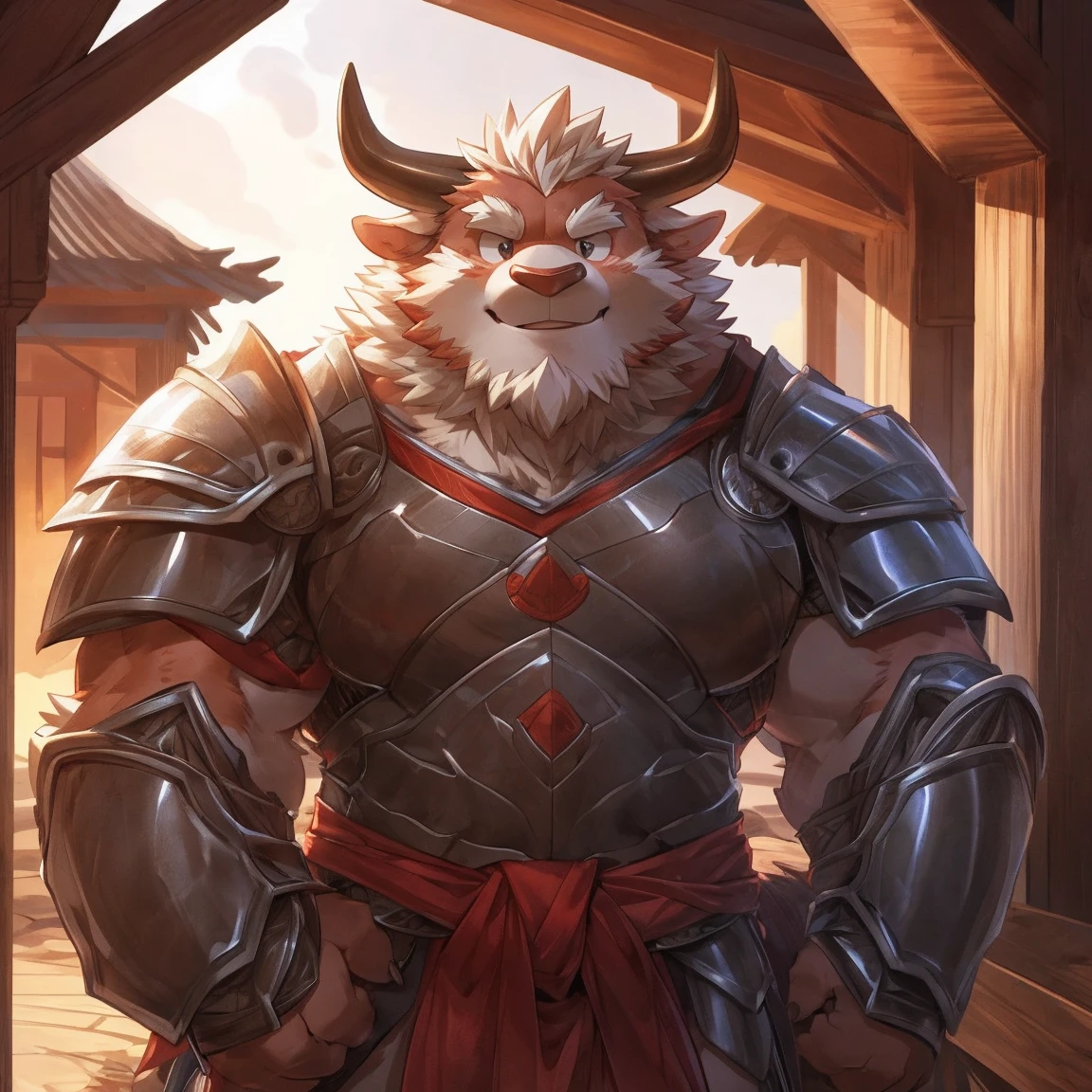 human nature, cannon, male, solitary, ((Round Face, Very plump face, thick beard)), ((endomorph body type, Handsome)), Chinese traditional clothing,(armor:1.5), ((domestic ox, ox) Fluffy fur, Fluffy), (In a wooden house), ，high quality，Bokeh, (high quality, high resolution, masterpiece), (Dynamic Lighting, Vibrant colors), (Generous smile), Front view (close up), cartoon, author：Takemoto Arashi, by zixiong, author：Chunni, author：Empty Ghost