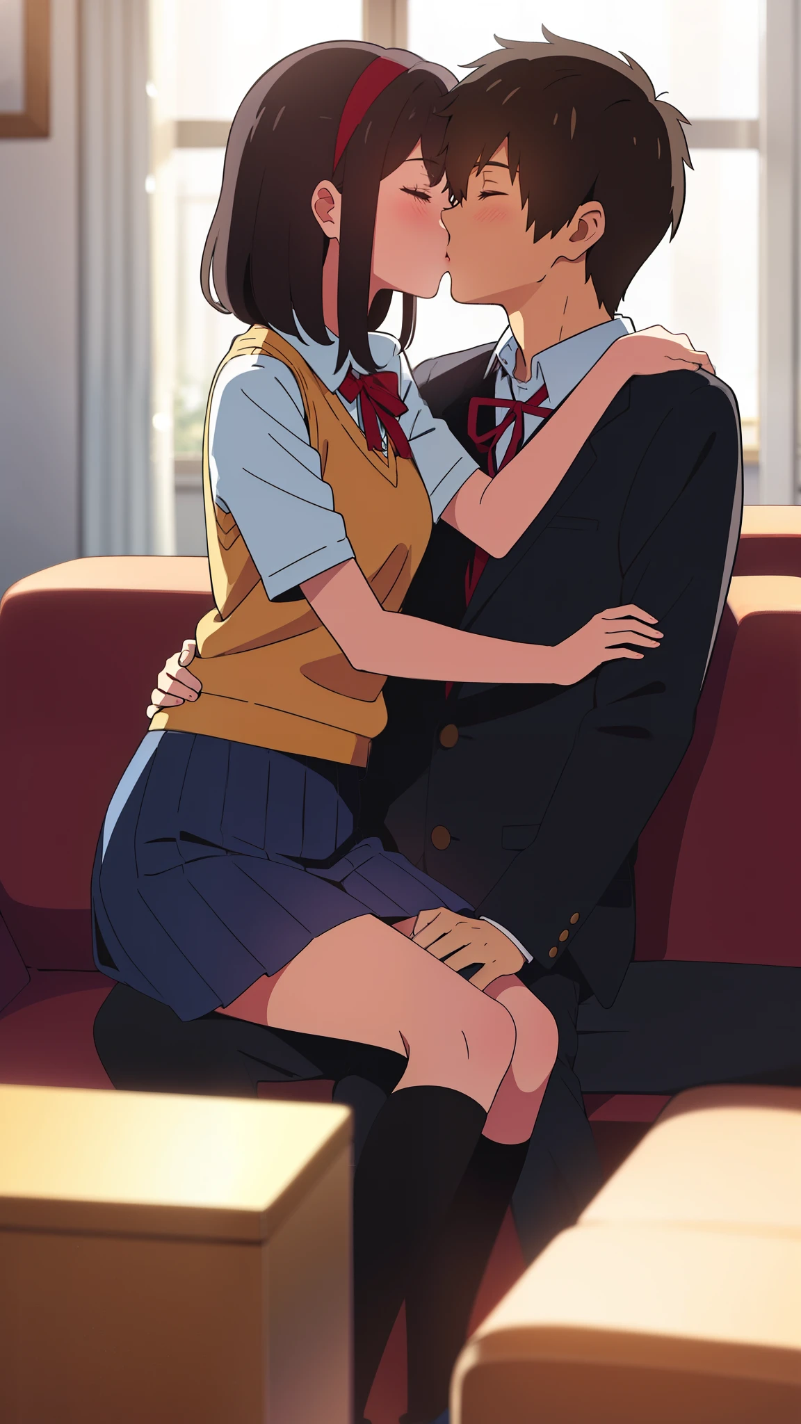 shinkai makoto, kimi no na wa., 1girl, 1boy, bangs, black hair, short hair, blush, (boy wear black pants), ((girl wear blue skirt, red headband, red ribbon)), shirt, white shirt, sweater vest, vest, yellow sweater vest, yellow vest, short sleeves, cute, love, couple, adorable, dating, (((kiss, deep kiss))), closed eyes, passionate hug, indoors, Background with (a room, sofa), sitting on the sofa, deep in the night, night, dynamic light