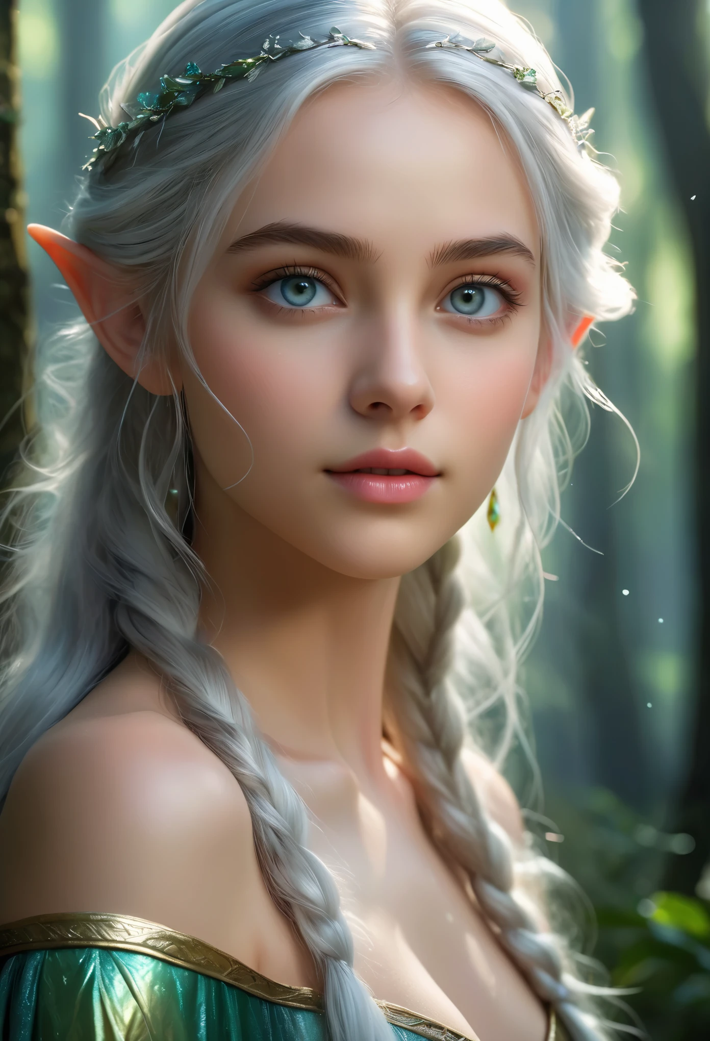 (best quality,4k,8k,highres,masterpiece:1.2),ultra-detailed,(realistic,photorealistic,photo-realistic:1.37),fantasy, elf, beautiful girl,, close-up of face, silver hair, iridescent slit eyes, detailed features, ethereal atmosphere, soft lighting, enchanted forest, flowing gown, graceful stance, vibrant colors