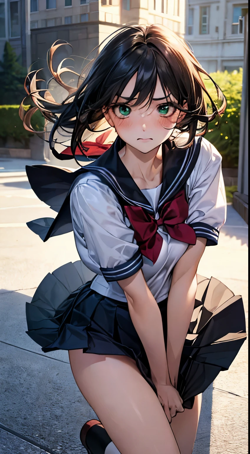 (masterpiece:1.2, highest quality), (Realistic, photoRealistic:1.4), Beautiful illustrations, (Natural Side Lighting, Cinema Lighting), ,
(View your viewers), 1 girl, Japanese, high school girl, Perfect Face, Cute and symmetrical face, Shiny skin, ,
(Middle Hair:1.4, Twin Blade:1.2, Black Hair), Hair between the eyes:1.5, Hair on one eye:1.1, Big eyes, Emerald green eyes, Droopy eyes, Long Eyelashes, (big breasts:0.6),
Beautiful Hair, Beautiful Face, Beautiful fine details, Beautiful clavicle, Beautiful body, Beautiful breasts, Beautiful thighs, Beautiful feet,
((Symmetrical clothing, Detailed cloth texture, Cute sailor uniform with short sleeves, Pleated skirt, Red bow tie)), Black socks, hair band,
(Beautiful views), Daytime, garden, Modern, (Look forward), (Annoyed expression, Blushing, Embarrassed expression), (((Roll up your skirt, Wind lift))),