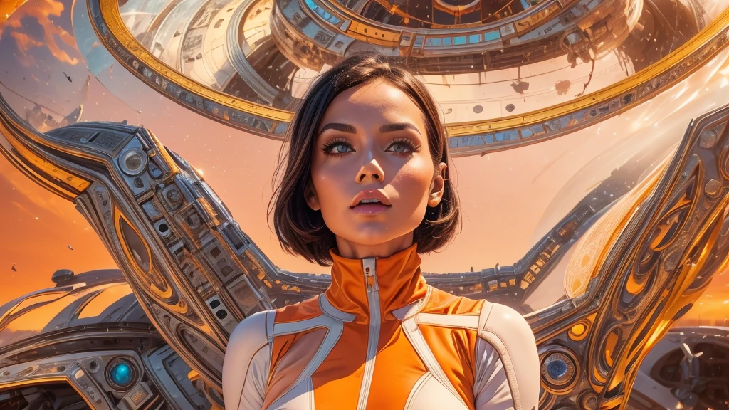 arafed image of a white woman in a futuristic suit with a spaceship in the background, movie art, in front of an orange background, inspired by Robert McGinnis, female protagonist, megastructure in the background, portrait of an ai astronaut, astronauts, an astronaut, portrait of a astronaut skeletor, perfect android girl, detailed eyes, perfectly detailed teeth, frank franzzeta and sakimichan