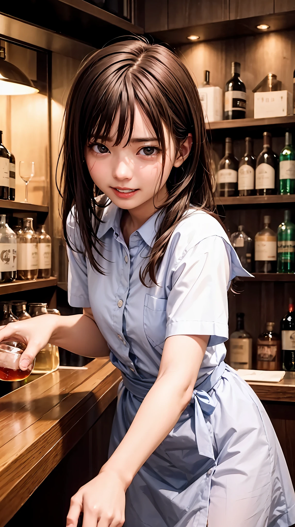 highest quality、4K quality、Man Attacking、Bartender woman、Man tears woman's clothes、The man puts his hand on the woman's crotch、slender、Small face、20-year-old、