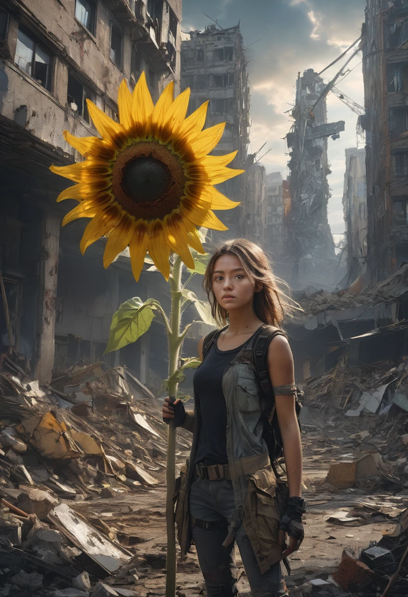 1girl, Post-Apocalyptic Wasteland, Giant sunflower growing from rubble, Scavengers digging through a post-apocalyptic city after the end of the world Epic cinematic brilliant stunning intricate meticulously detailed dramatic atmospheric maximalist digital matte painting volumetric lighting concept art