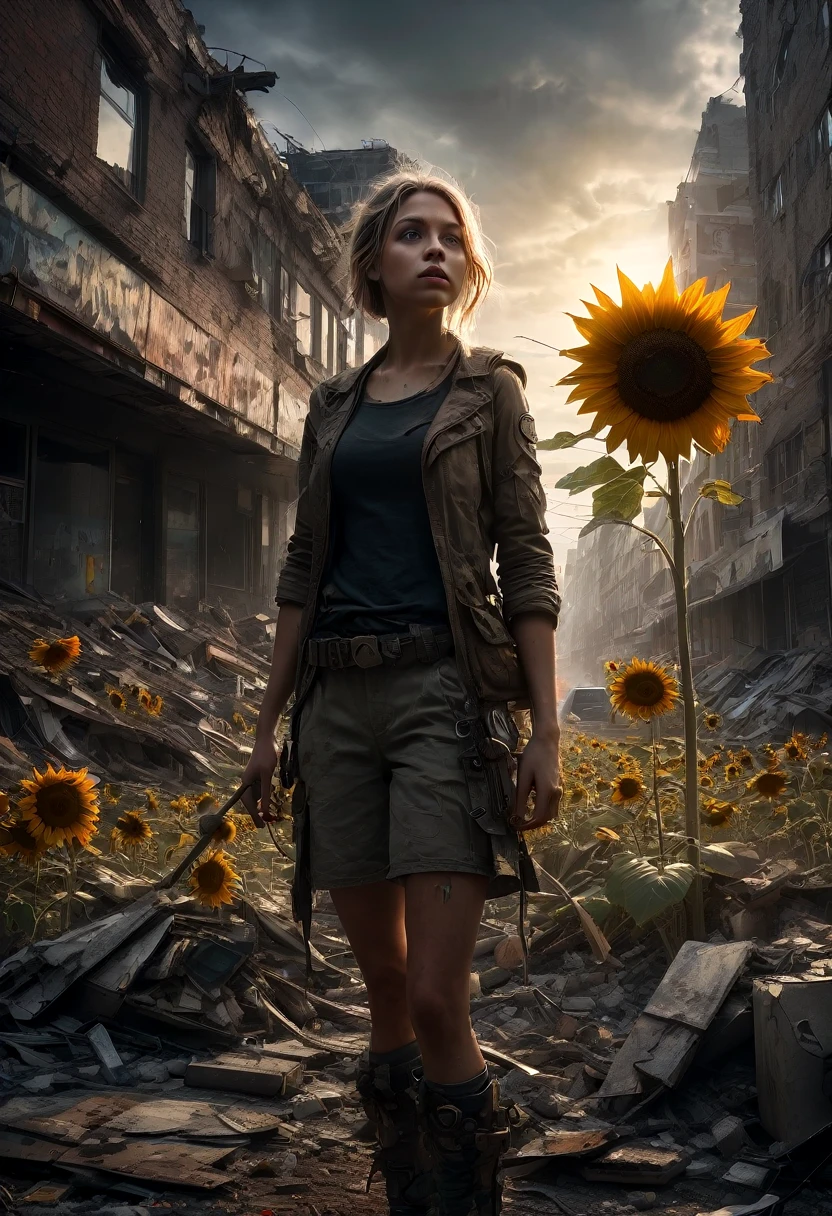 1girl, Post-Apocalyptic Wasteland, Giant sunflower growing from rubble, Scavengers digging through a post-apocalyptic city after the end of the world  Epic cinematic brilliant stunning intricate meticulously detailed dramatic atmospheric maximalist digital matte painting volumetric lighting concept art