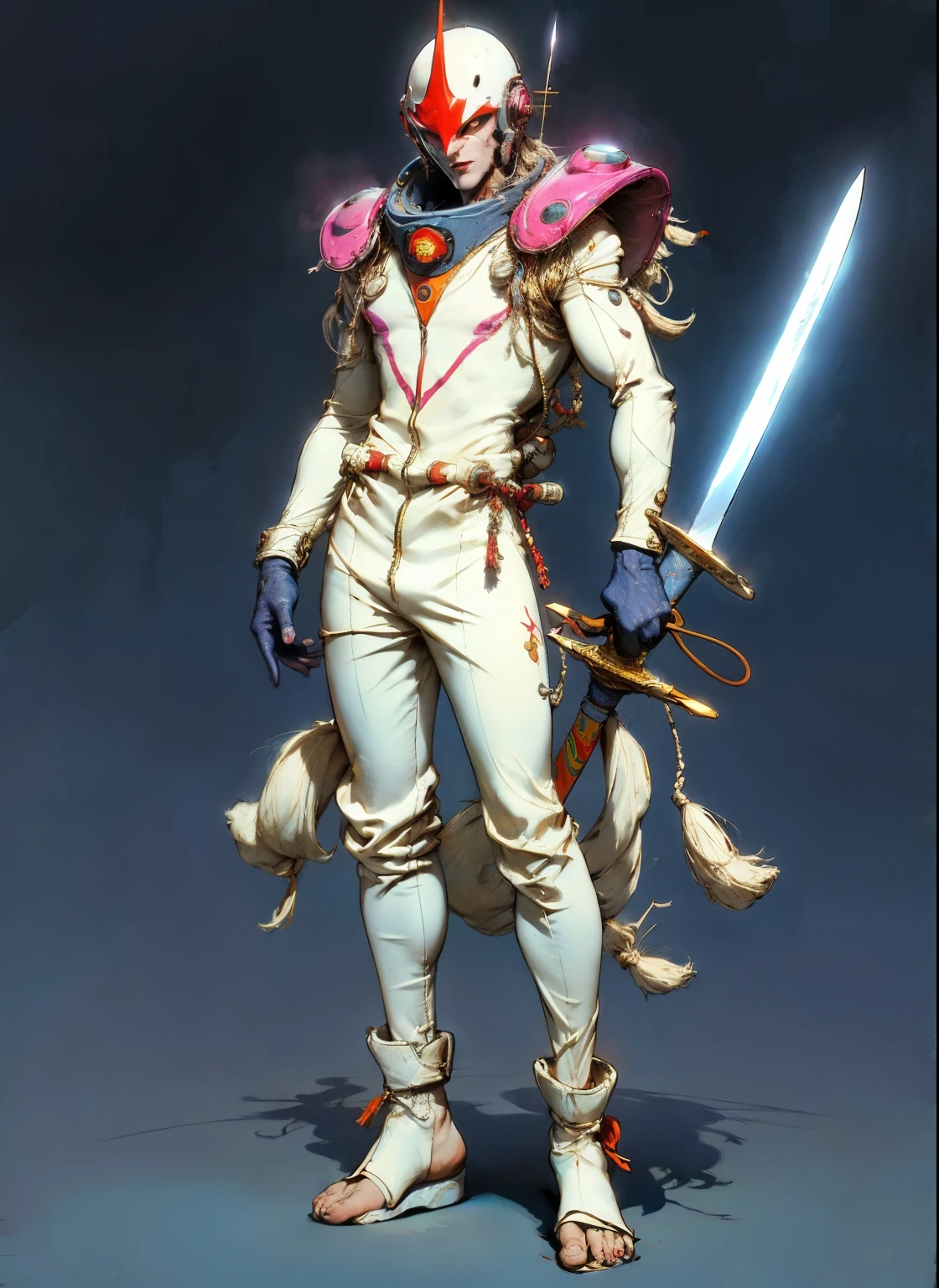 perfect proportions, anatomically correct, (head to toe: 2.0), (full body image: 2.0), solo, (Casshern: 1.6), extremely stylized, deviant art, masterpiece, highly detailed, detailed eyes, expressive detailed eyes, detailed pupils, futuristic, ((1950s scifi helmet)), ((pointy helmet)), Rubber Gloss, (flightsuit:1.4), big boots, entire body image, full body shot, nvinkpunk, professional photograph of alexander_skarsgard, tassles, large beads, (large tassels), navy blue and white, cyberpunk, inkpunk, paint platter, ink splatter, (action pose:1.0), ((holding a sword))