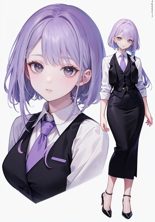 ((Perfect Face)),Purple Hair,Semi-long hair,1 female,bartender,,Black vest,tie,High heels,,((Simple light color background)),((smile)),((whole body)),((whole body)),Portraiture,virtual,upright,