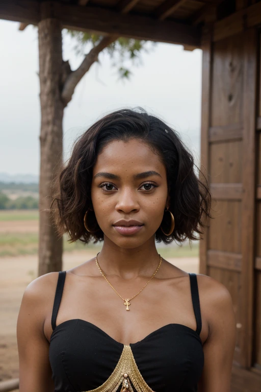 ((best quality)), ((masterpiece)), (detailed), beautiful black woman, 25 yo, tall, slim, nubian princess, wearing gold jewelry, perfect face, black curly hair, on African plain, Mount Kilamanjaro visible in BG