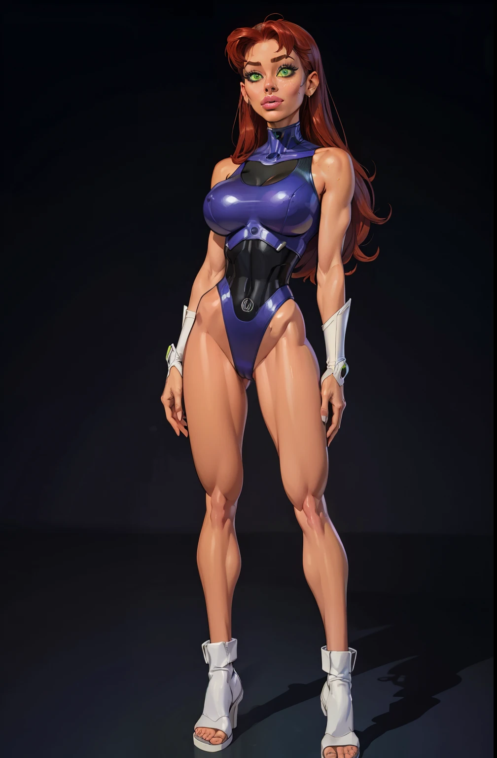 full body, standing on her feet, futuristic background, sexy appearance, starfire, red hair, ((orange skin)), ((wide hips)), large breasts,breasts together, cleavage, makeup, (purple swimsuit), mascara, long hair, beautiful eyes, large iris, ((green eyes)), Lips are soft or colored, simple black background, simple color palettes, clean, Crisp drawings, fluid silhouettes,purple vintage futuristic swimsuit, retro futurism, retro futurism, Asymmetric, geometric, Different designs, simple silhouettes, Technology style, future, high fashion, Simplicity and sophistication, sexy, slim, short purple outfit, sexy, Erotic, cleavage, youthful appearance, sweaty, in a robot, Evangelion purple